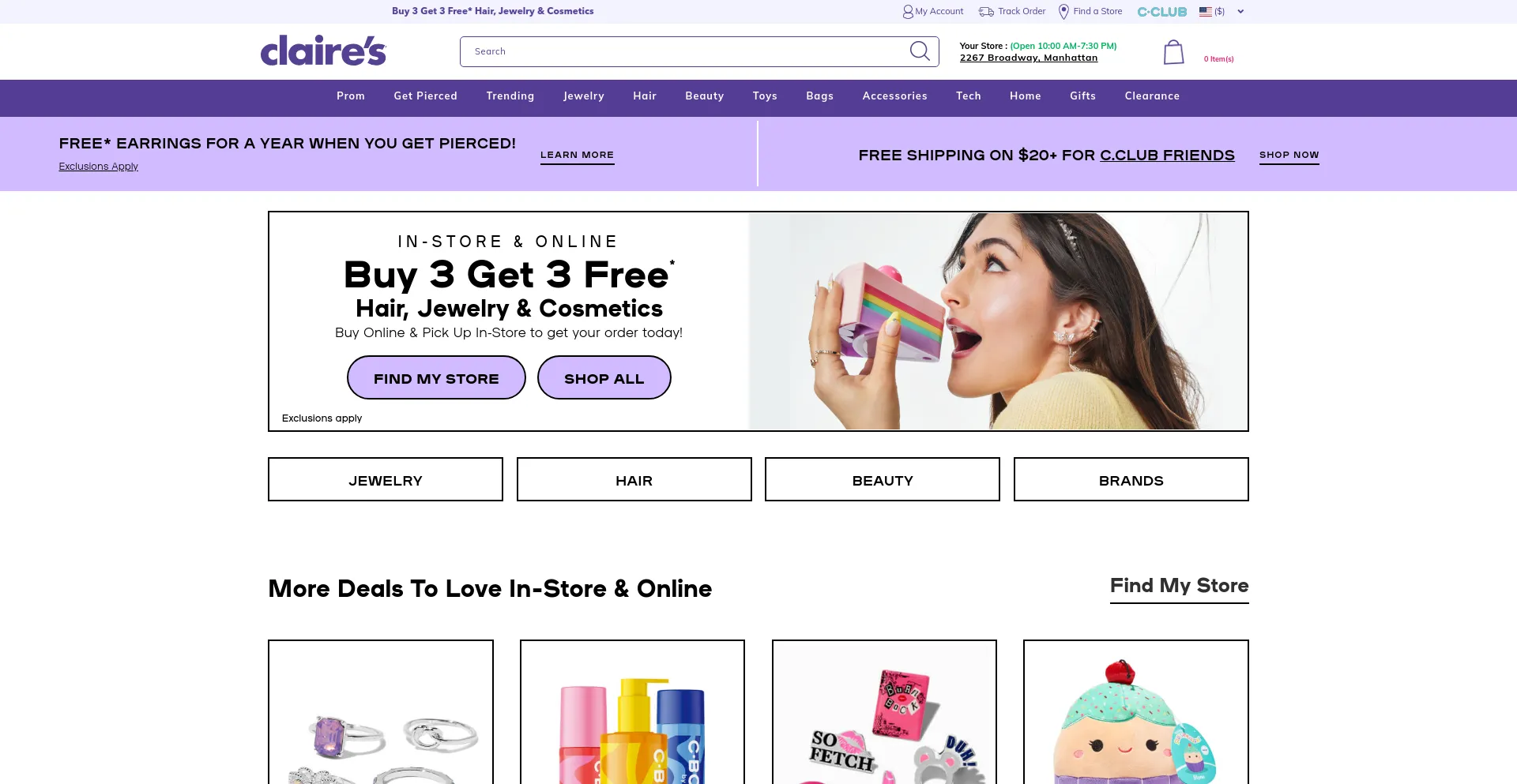 Screenshot of claires.com homepage