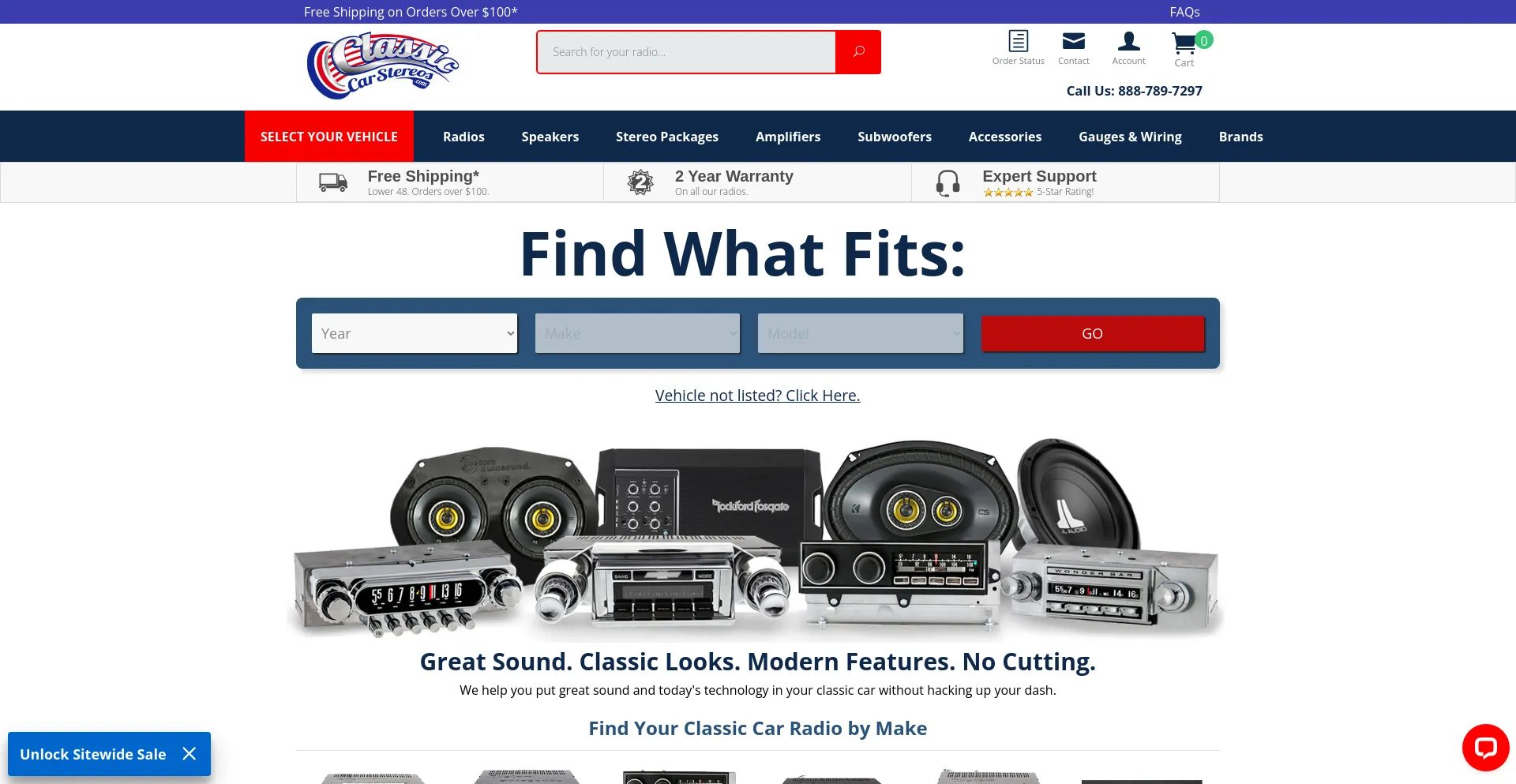 Screenshot of classiccarstereos.com homepage