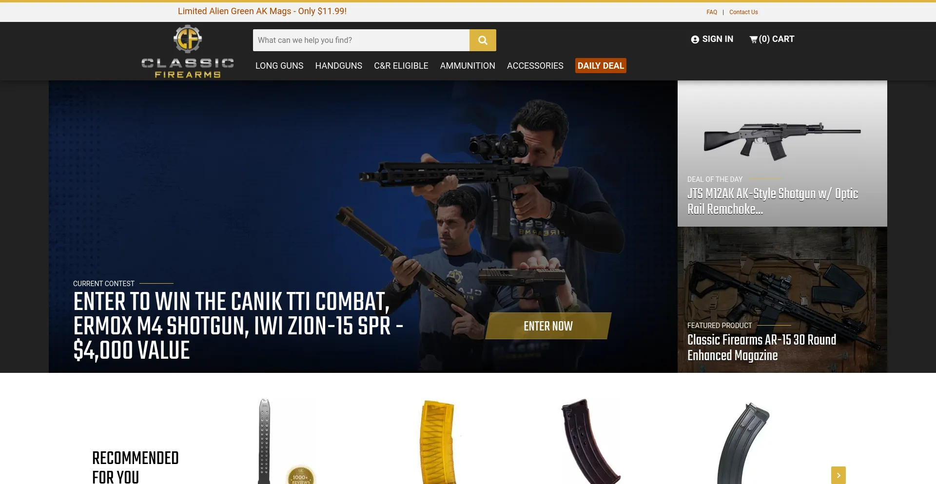 Screenshot of classicfirearms.com homepage