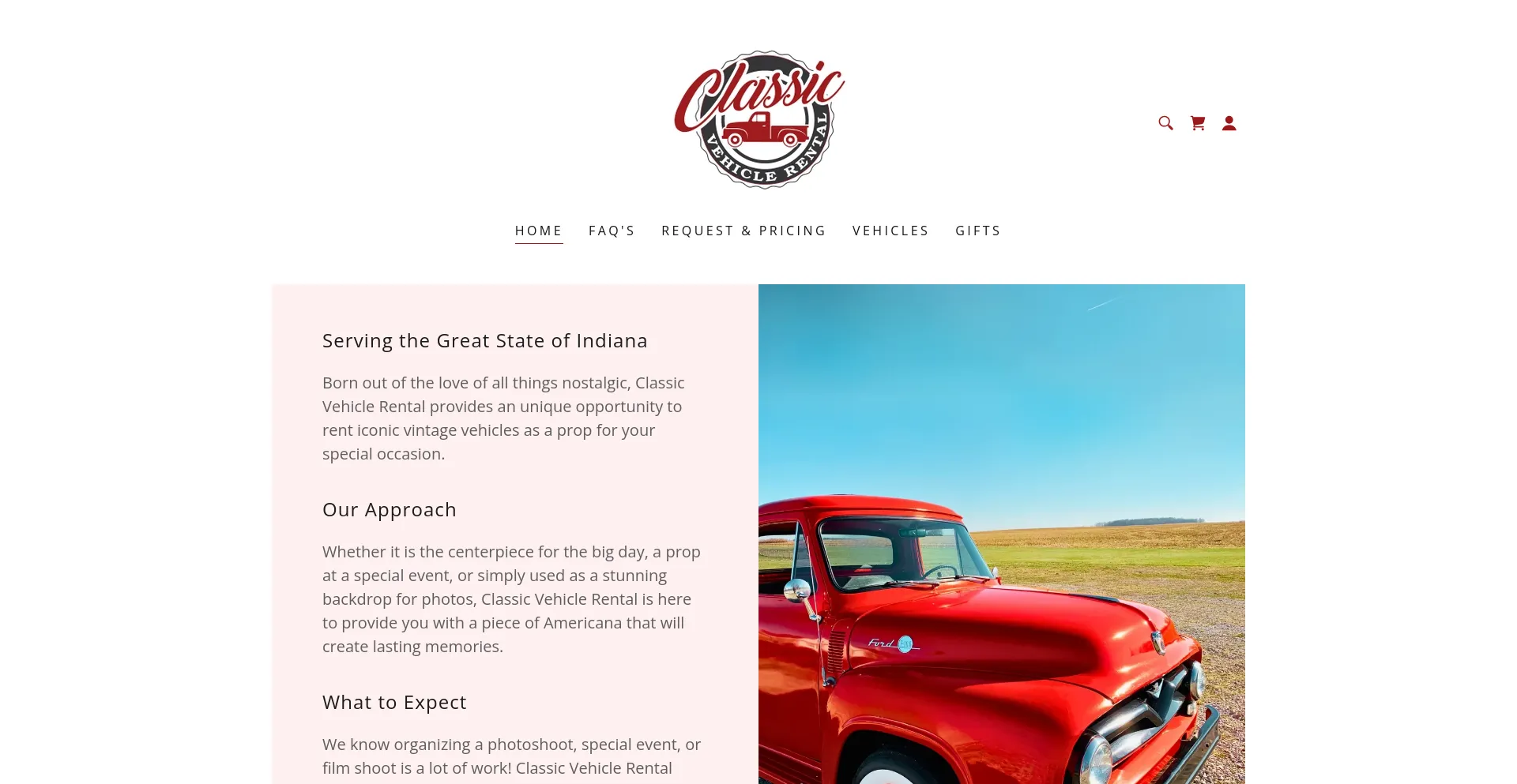 Screenshot of classicvehiclerental.com homepage