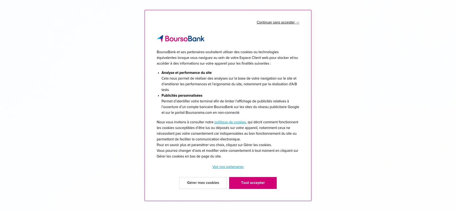 Screenshot of clients.boursobank.com homepage