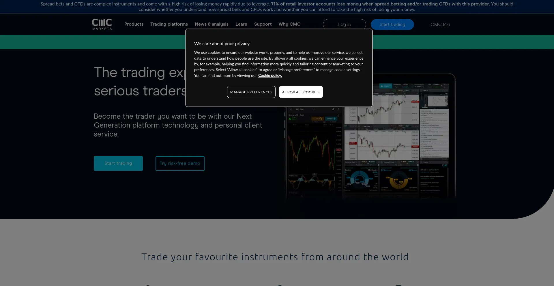 Screenshot of cmcmarkets.com homepage