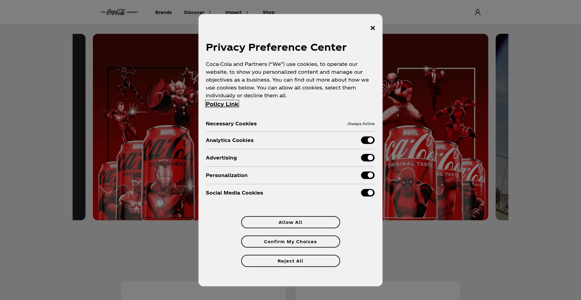 Screenshot of coca-cola.com homepage