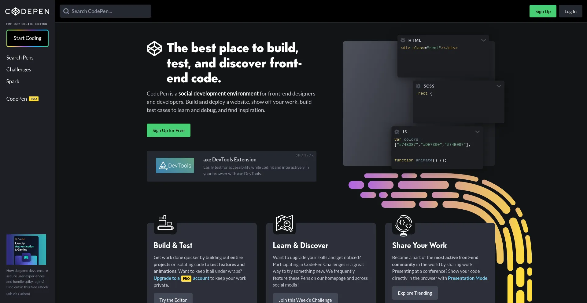 Screenshot of codepen.io homepage