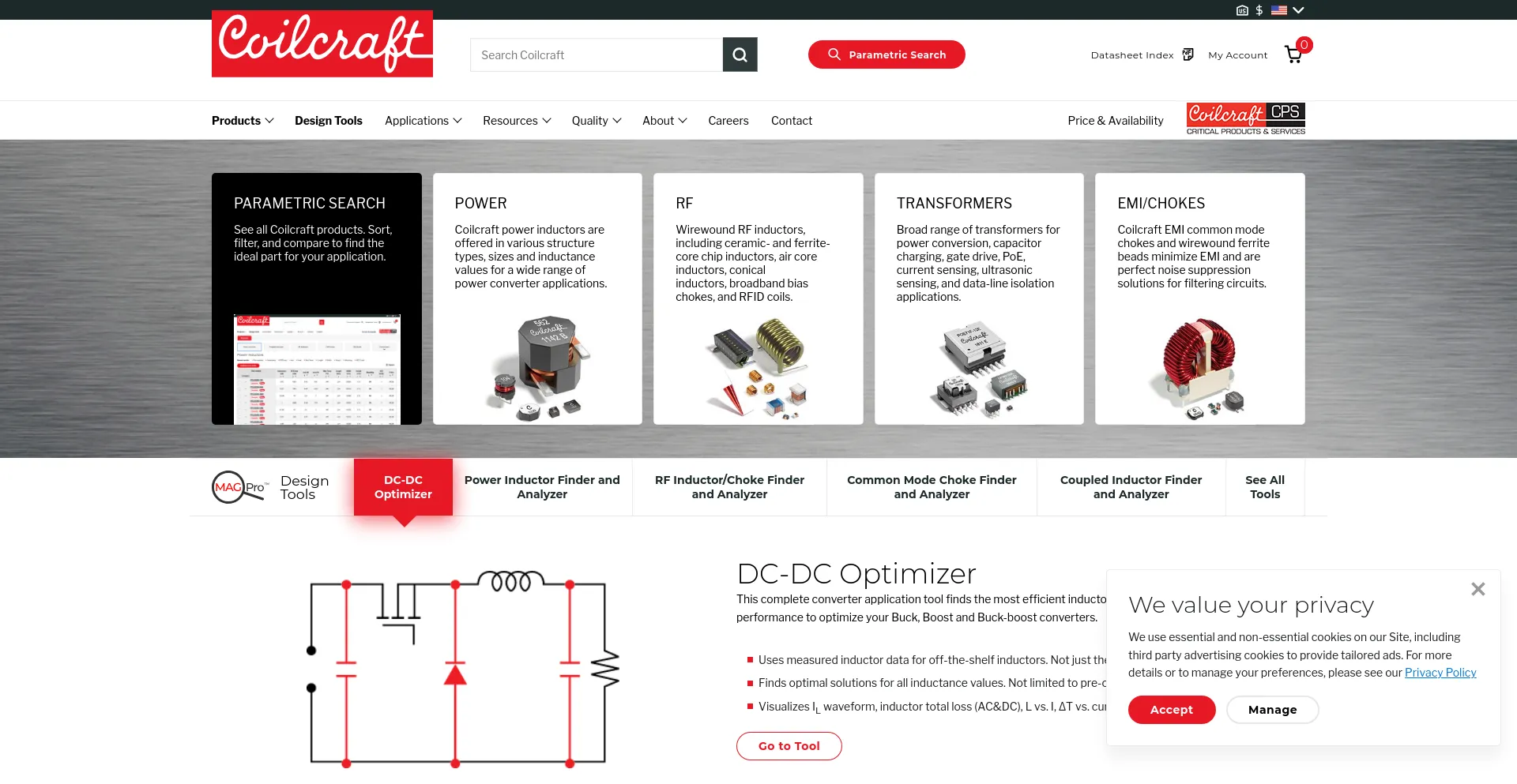 Screenshot of coilcraft.com homepage