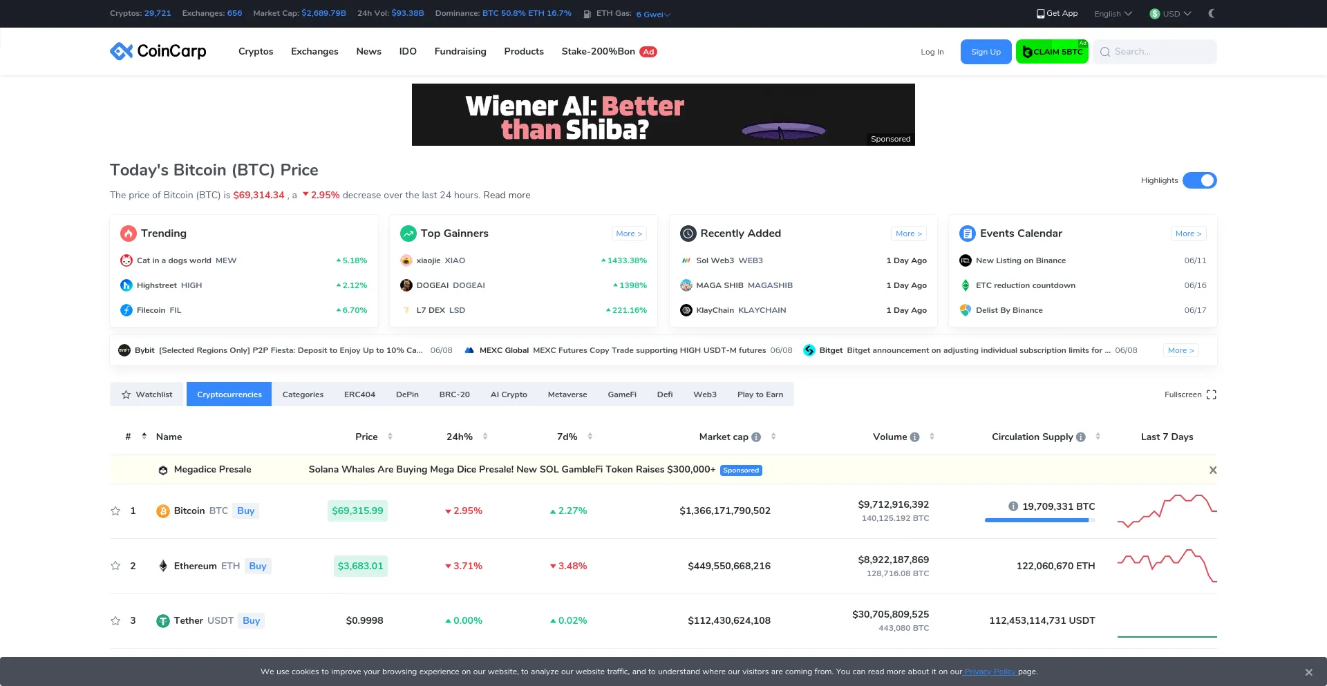 Screenshot of coincarp.com homepage