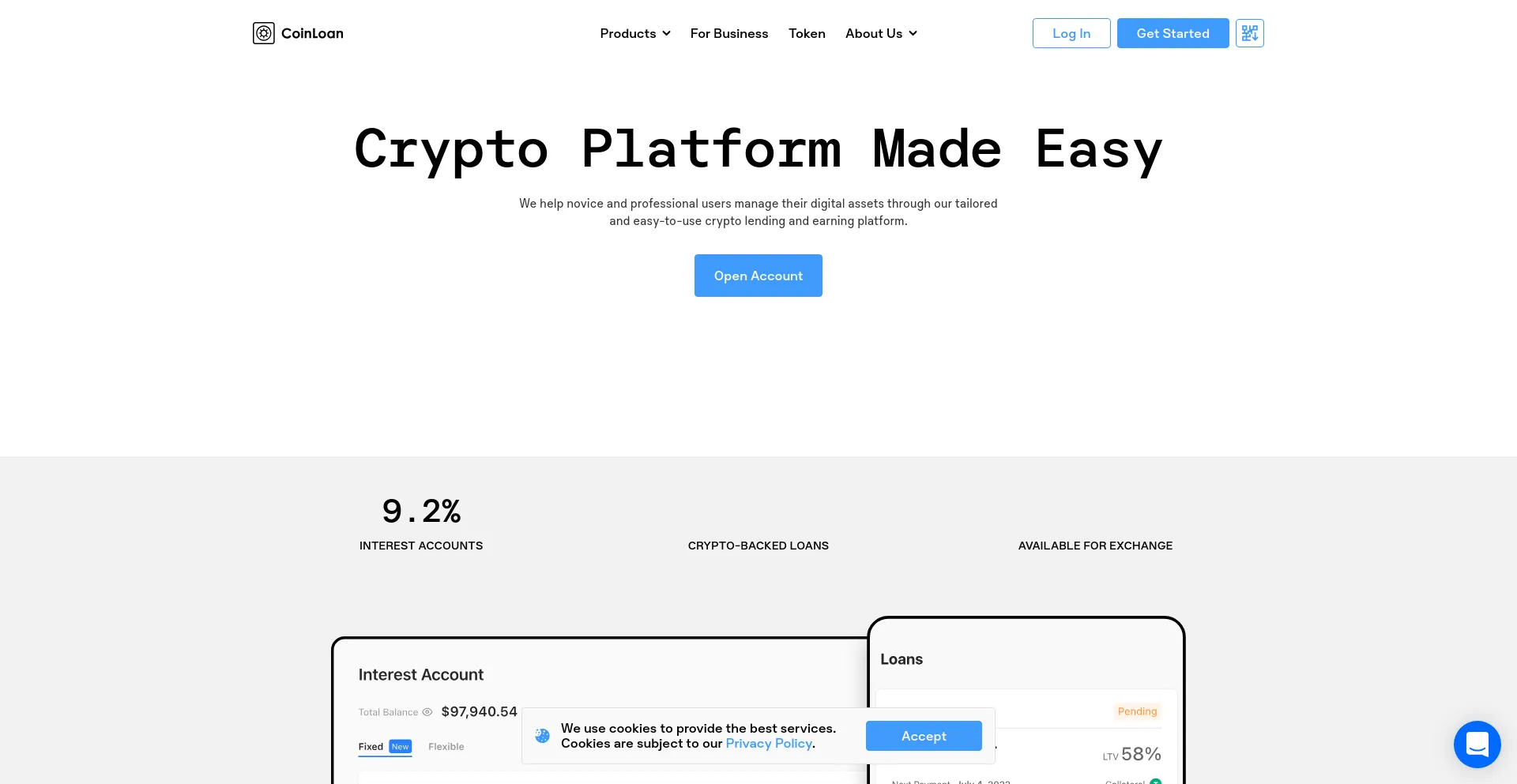 Screenshot of coinloan.io homepage