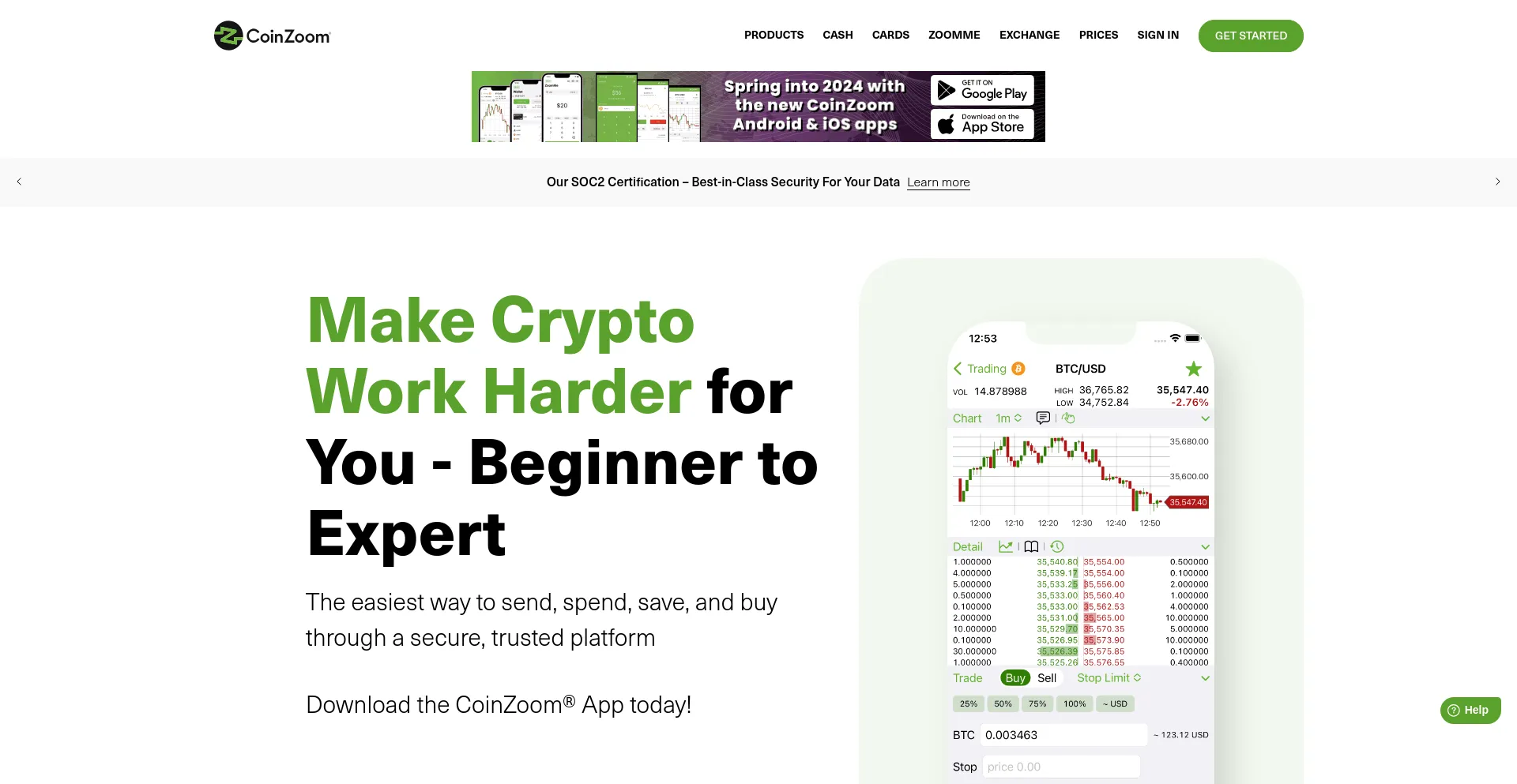 Screenshot of coinzoom.com homepage