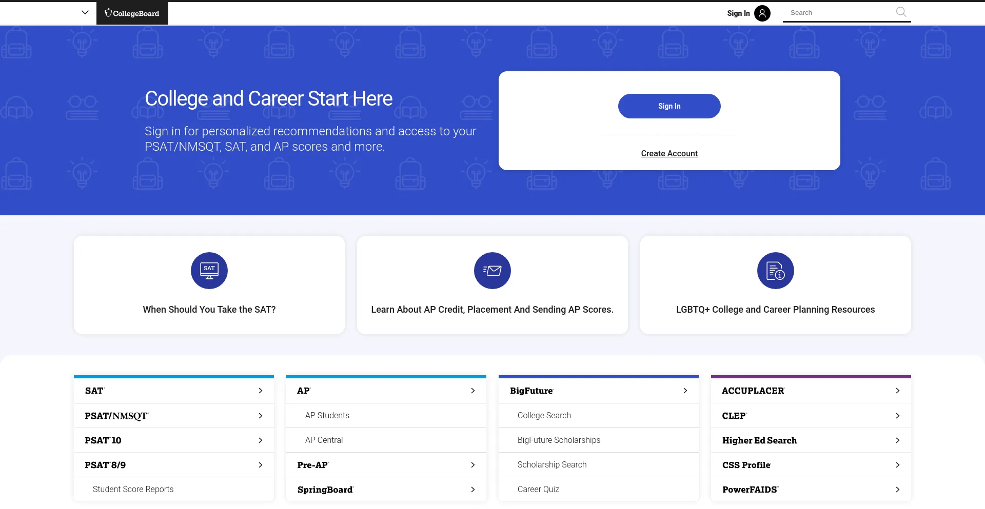 Screenshot of collegeboard.com homepage