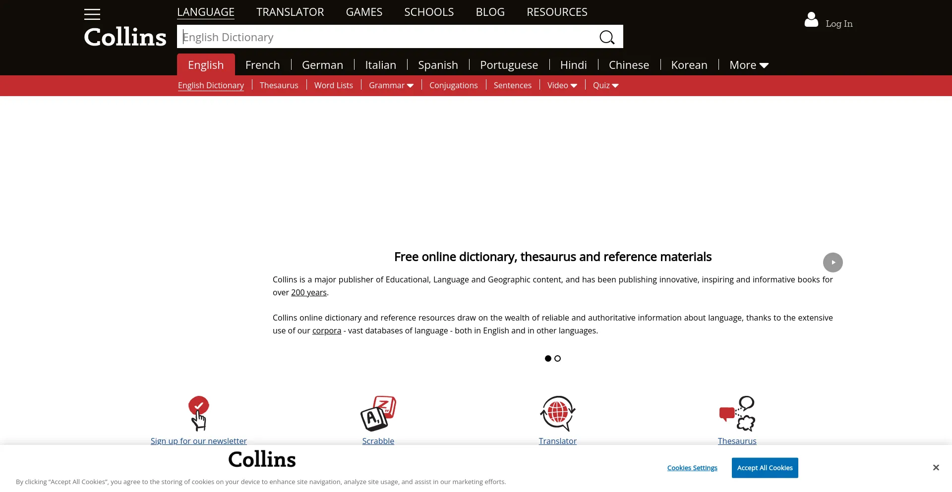 Screenshot of collinsdictionary.com homepage