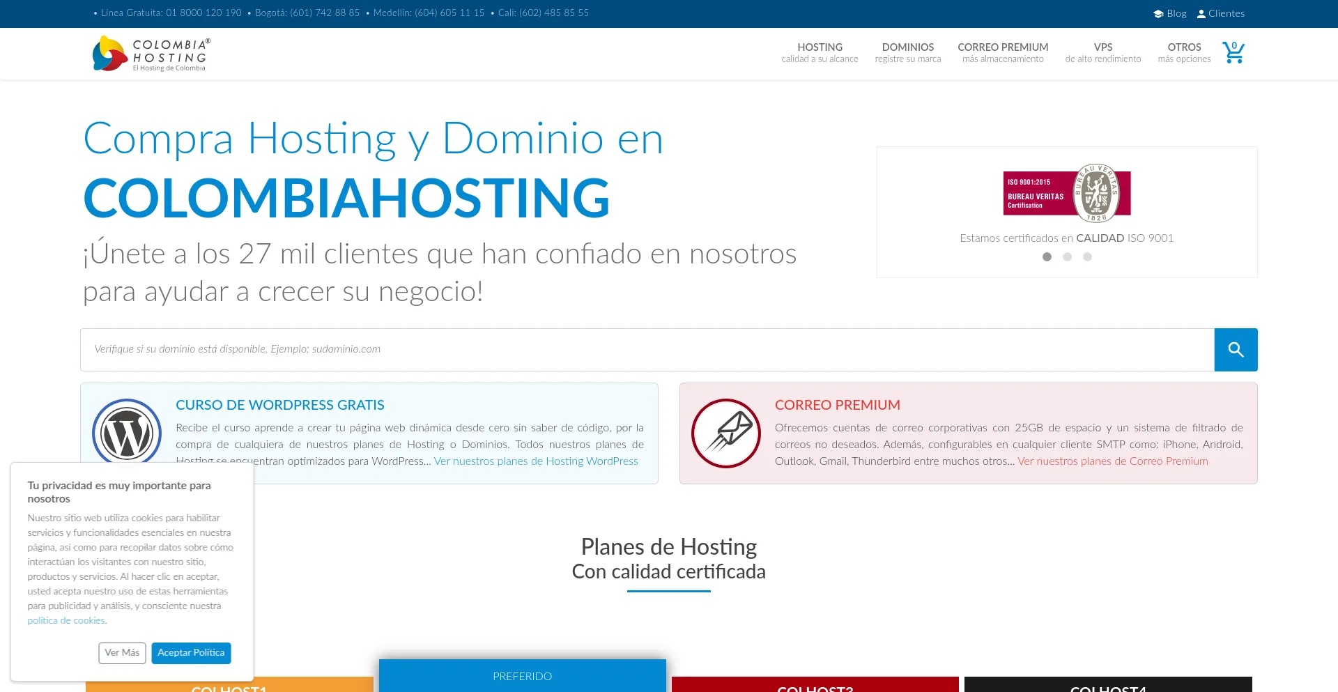 Screenshot of colombiahosting.com homepage