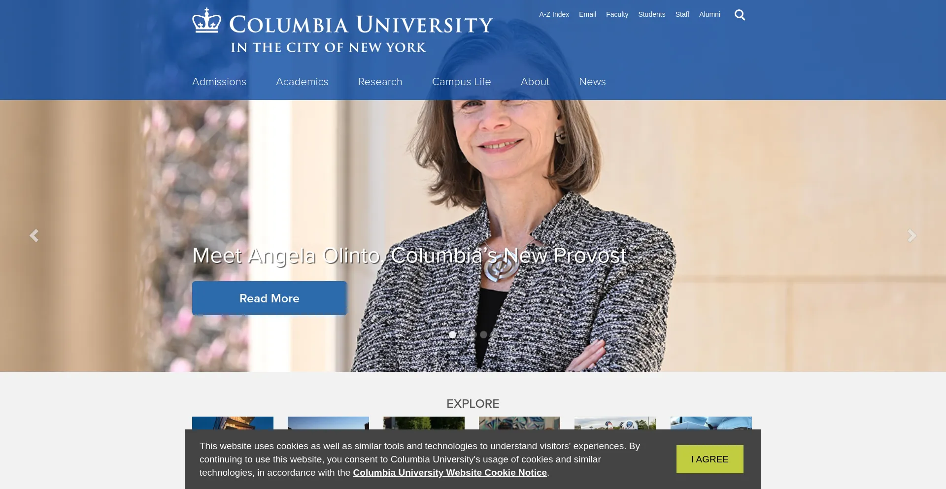 Screenshot of columbia.edu homepage