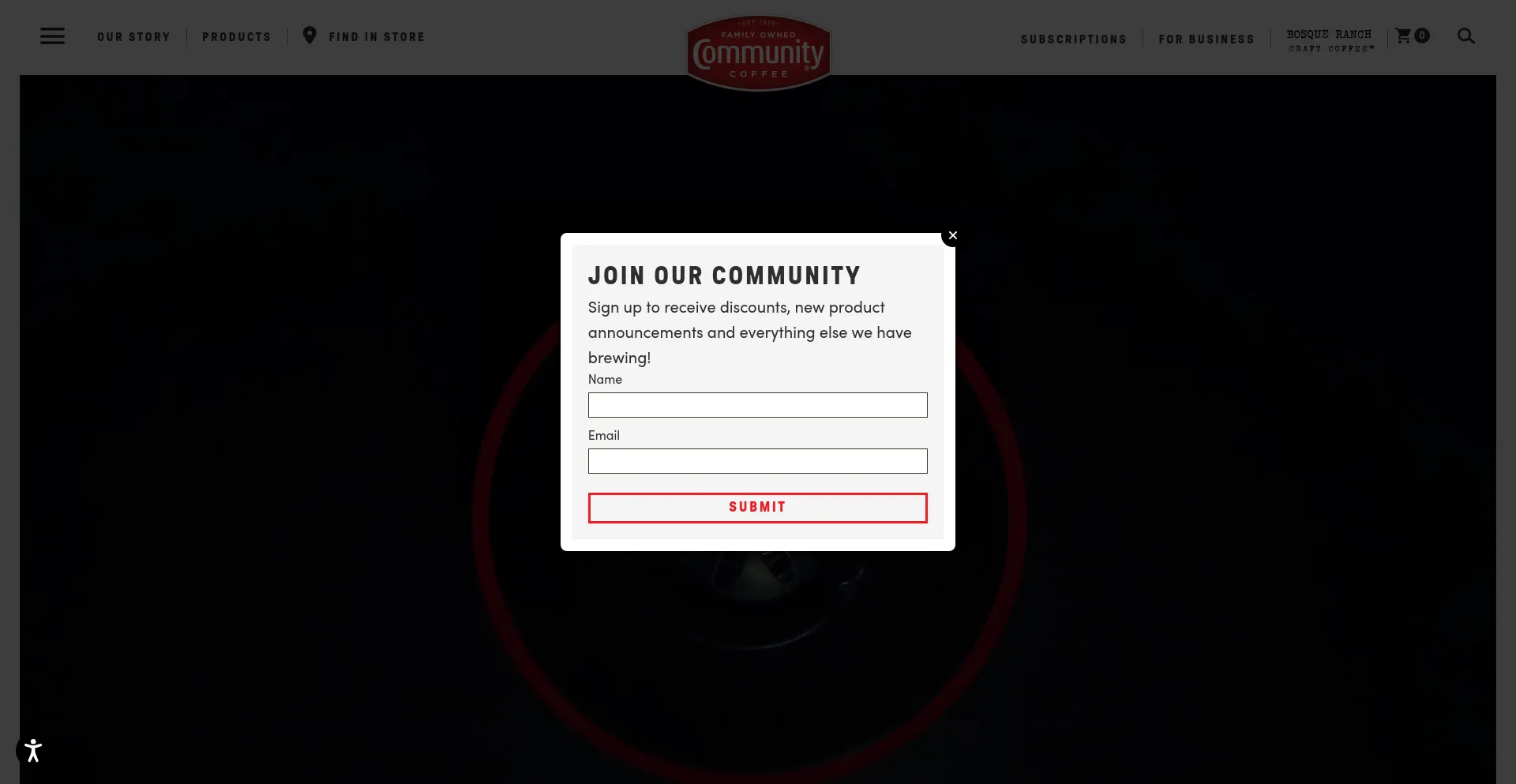 Screenshot of communitycoffee.com homepage