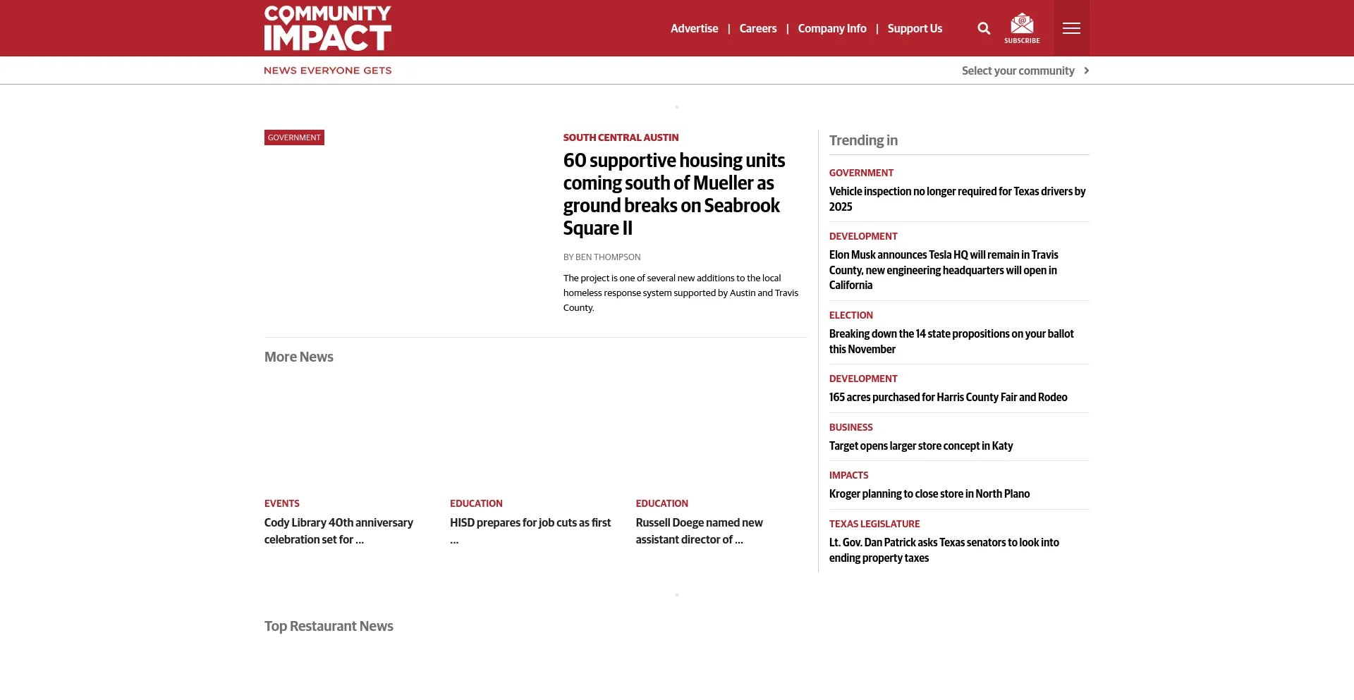 Screenshot of communityimpact.com homepage