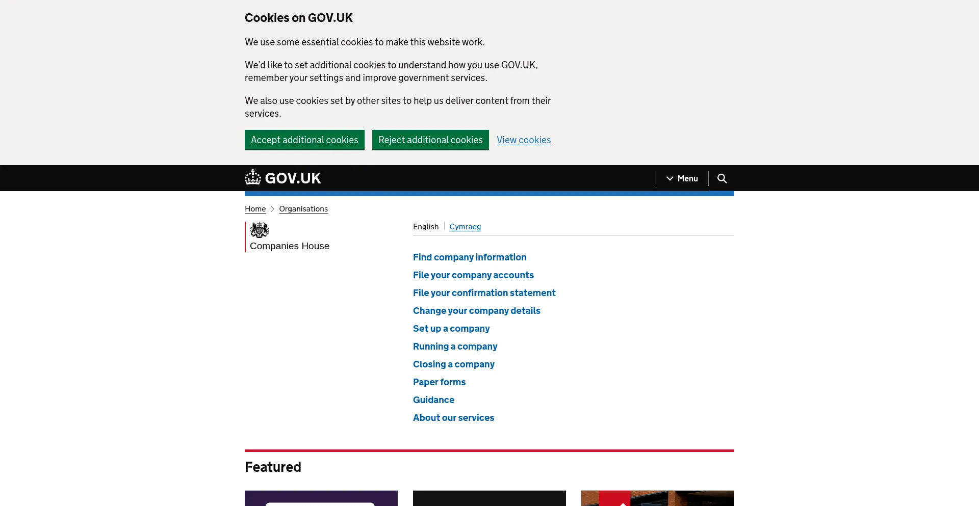 Screenshot of companieshouse.gov.uk homepage