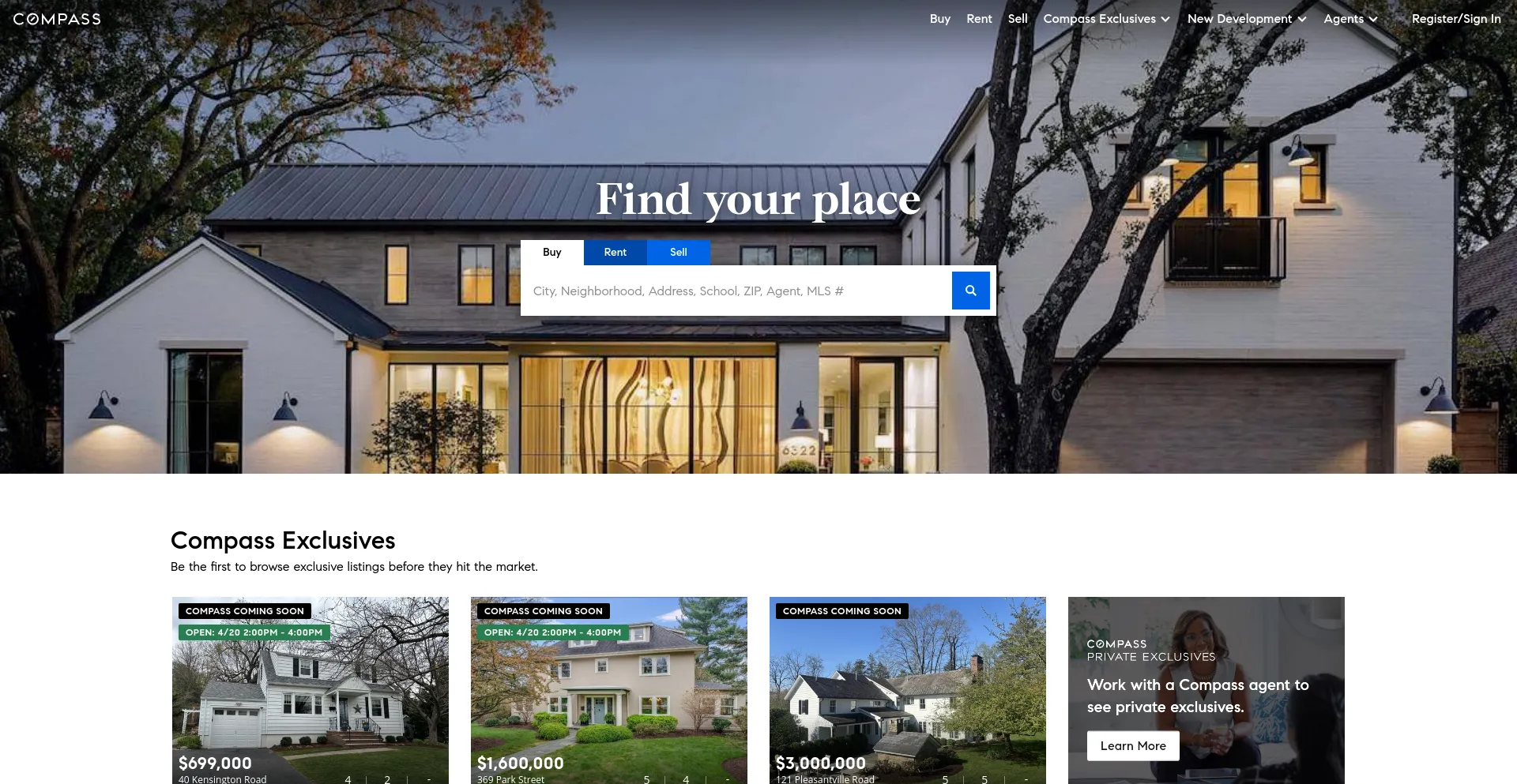 Screenshot of compass.com homepage