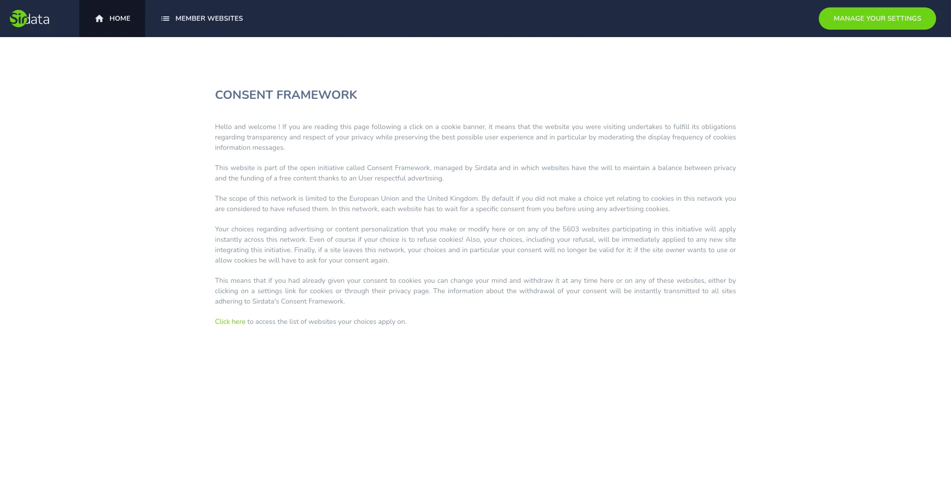 Screenshot of consentframework.com homepage