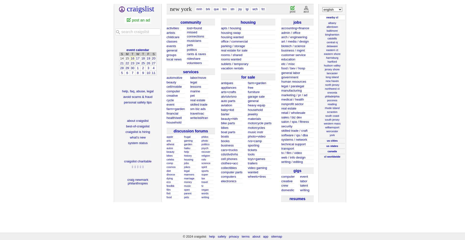 Screenshot of craigslist.org homepage