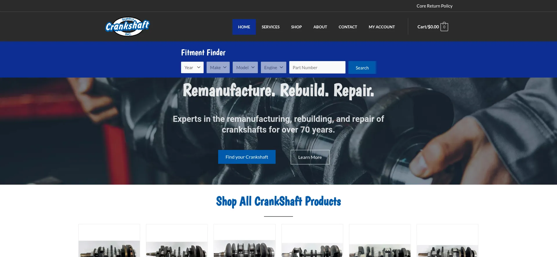 Screenshot of crankshaftsupply.com homepage