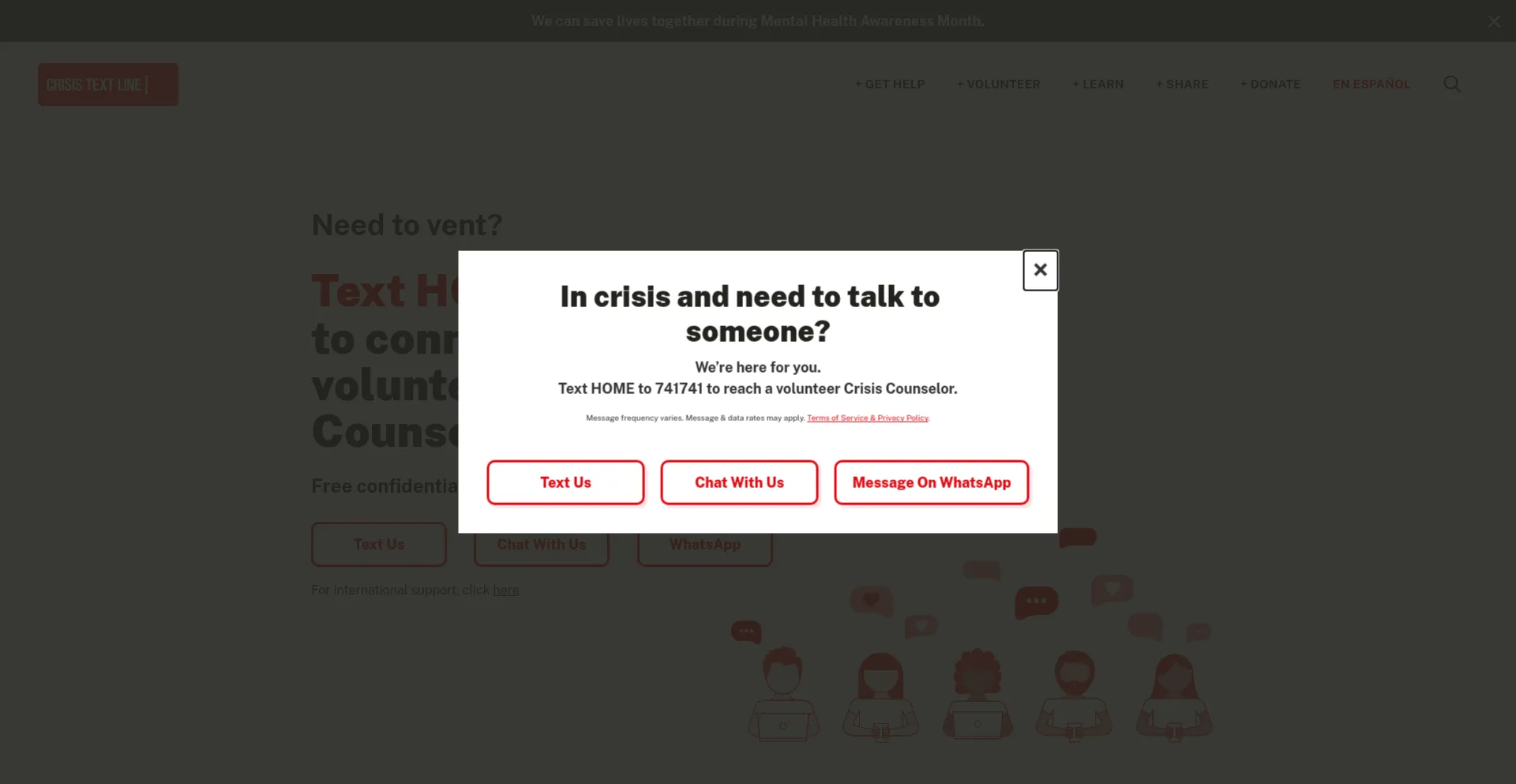 Screenshot of crisistextline.org homepage