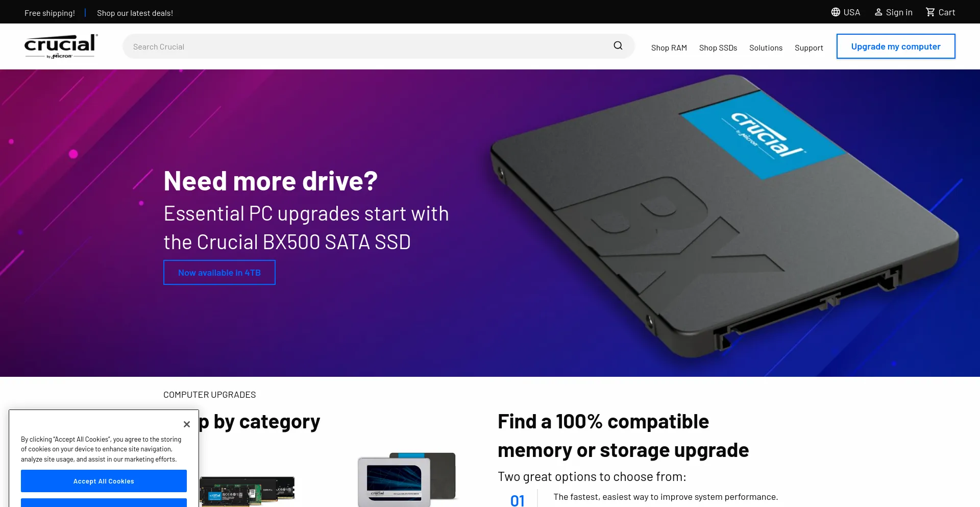 Screenshot of crucial.com homepage