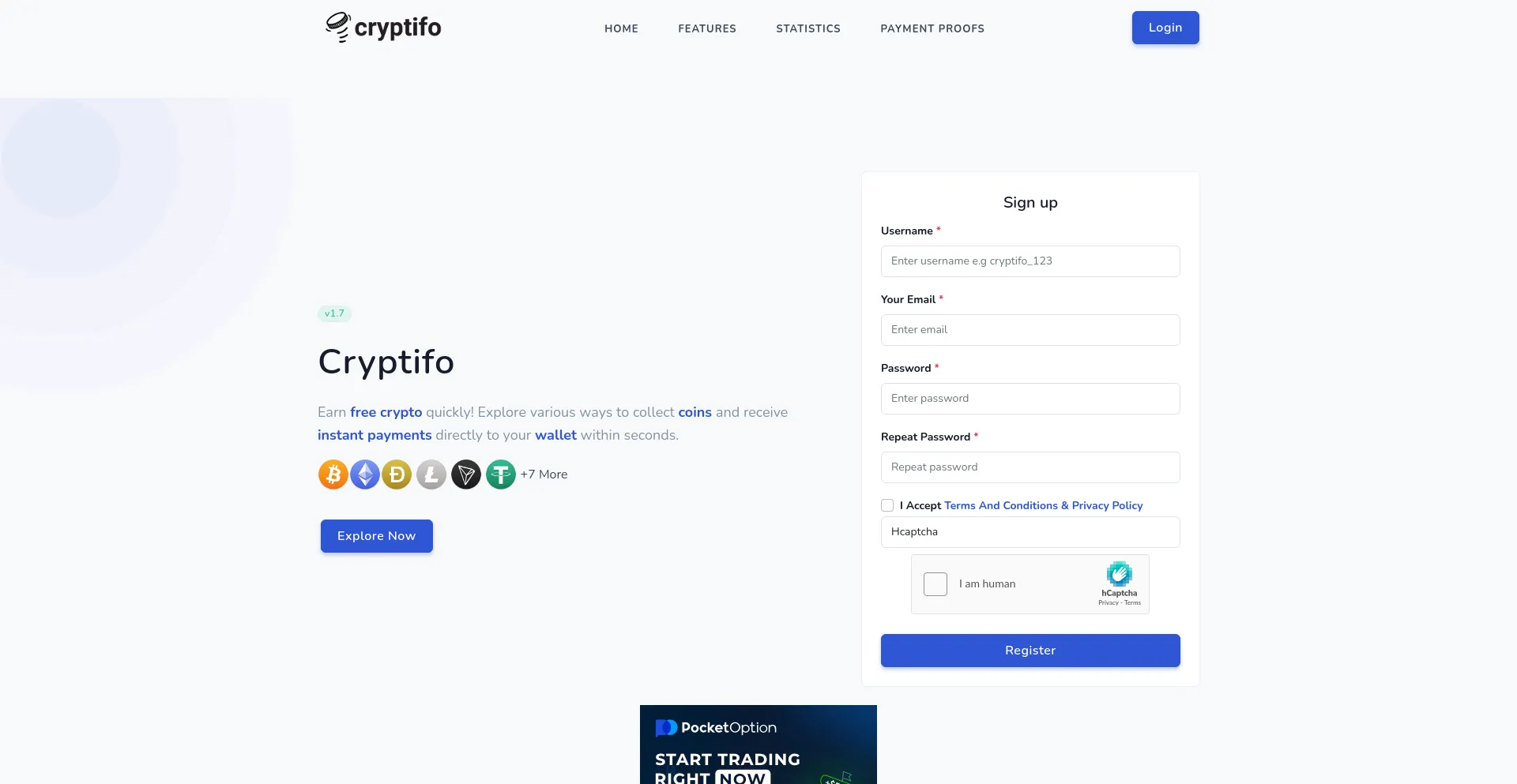 Screenshot of cryptifo.com homepage