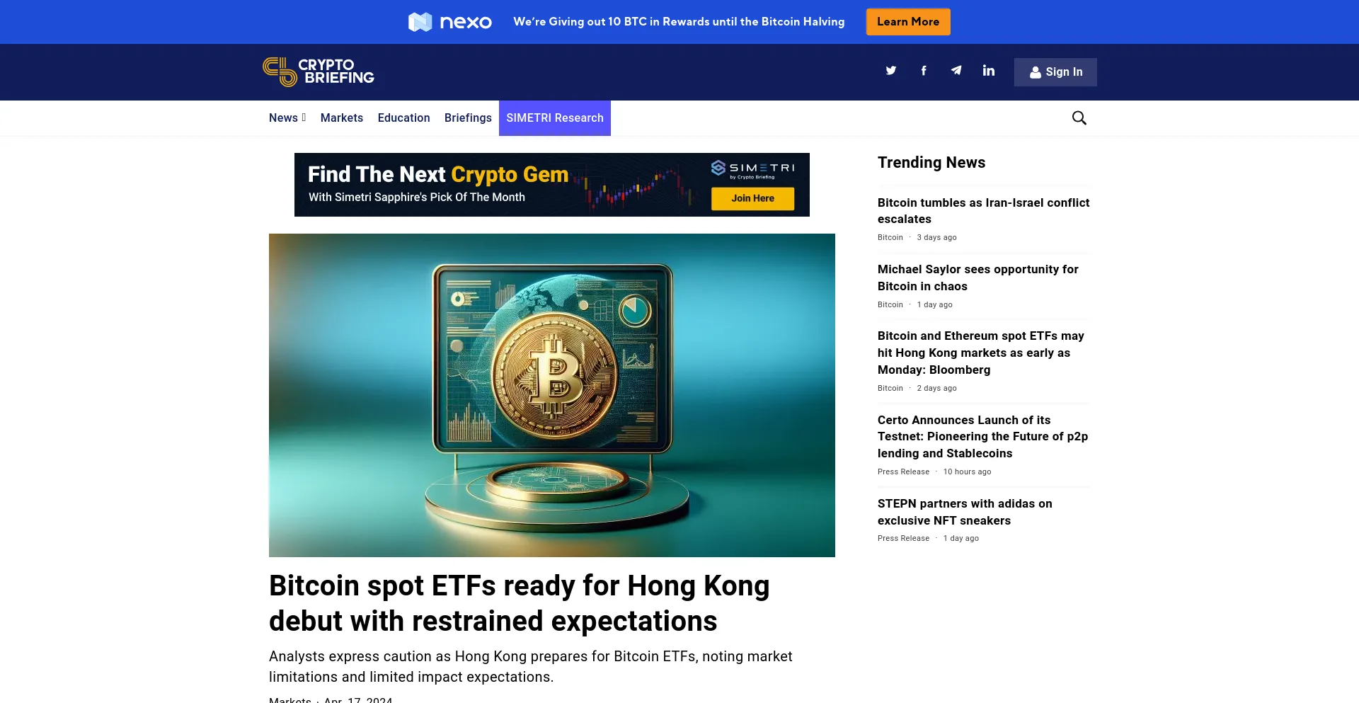 Screenshot of cryptobriefing.com homepage