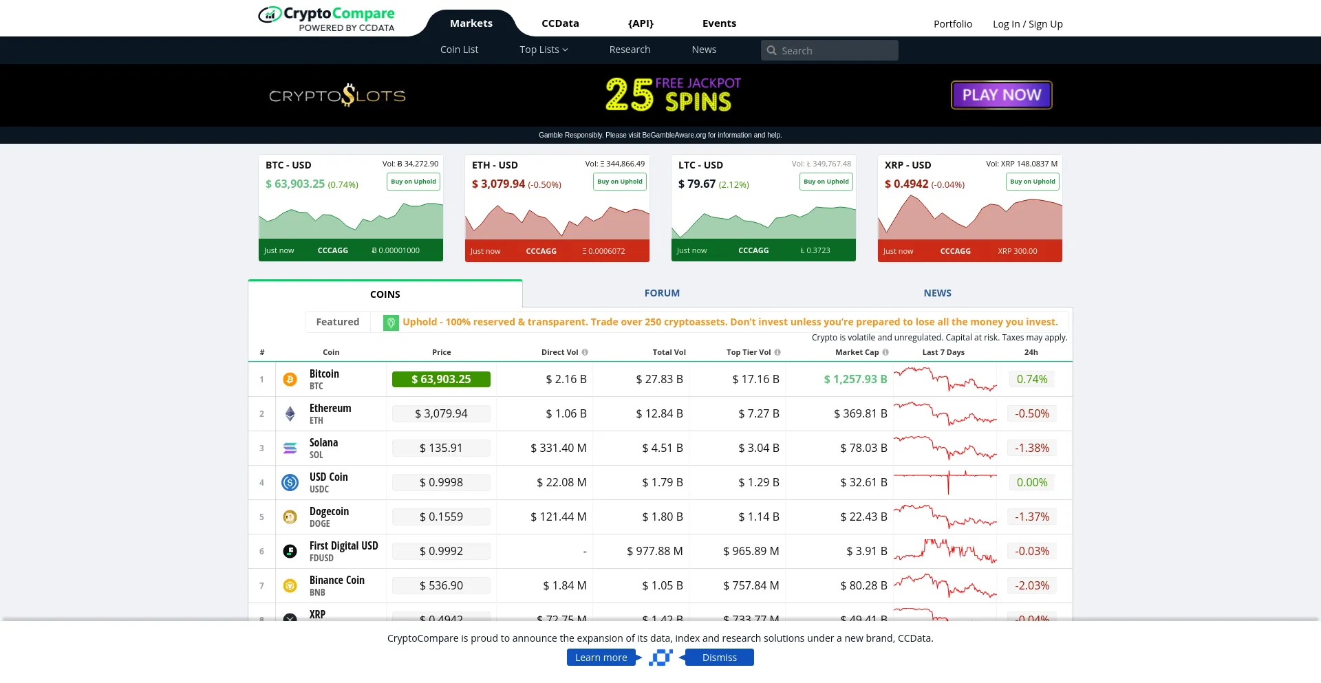 Screenshot of cryptocompare.com homepage