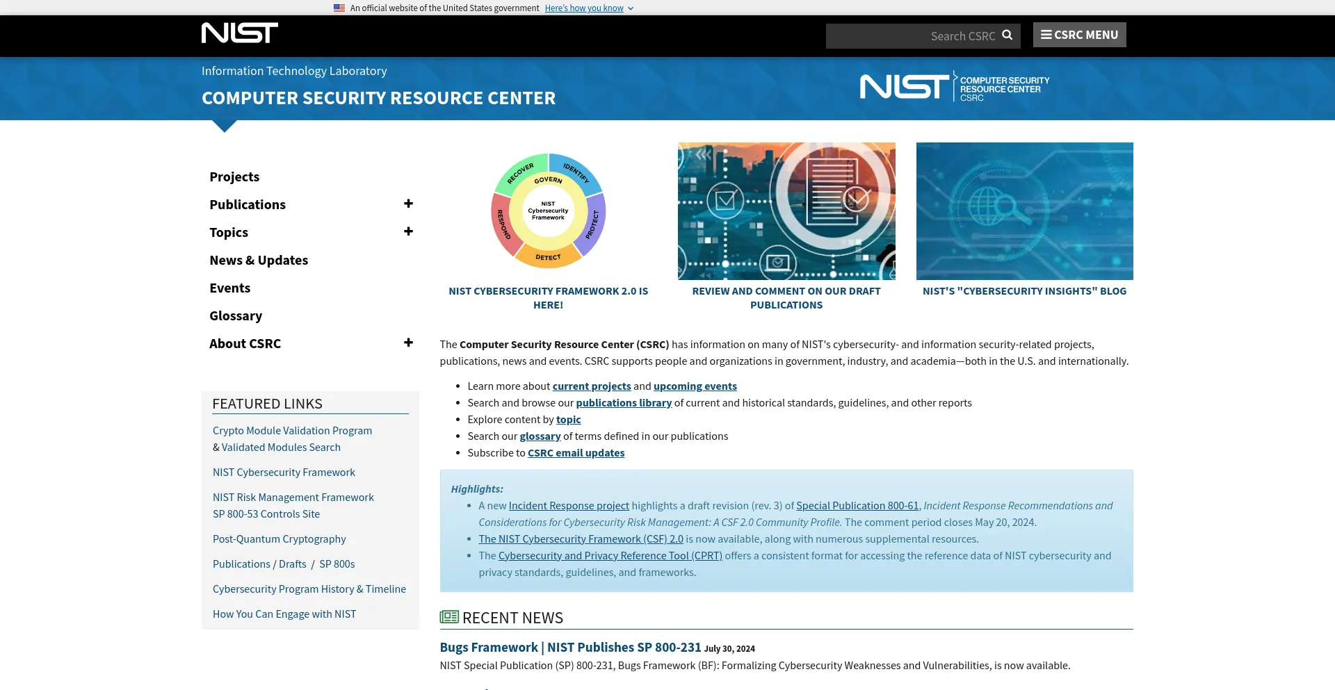 Screenshot of csrc.nist.gov homepage