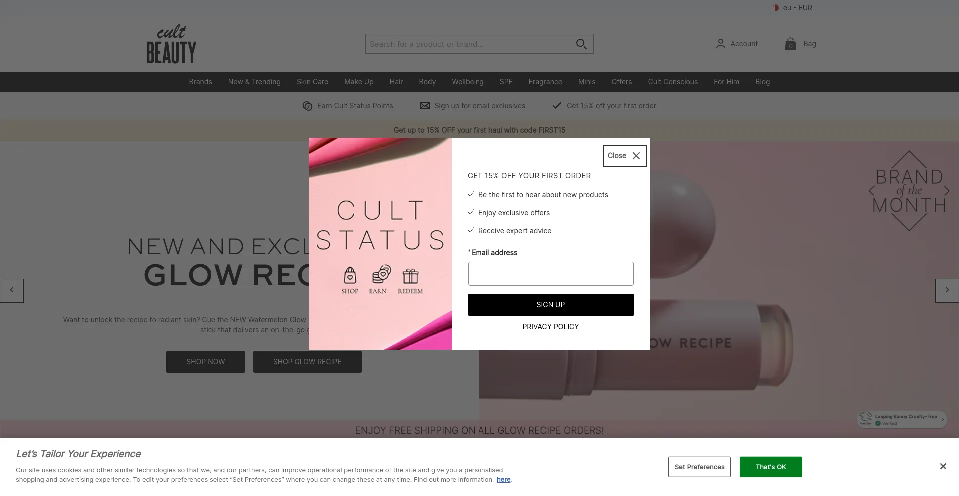 Screenshot of cultbeauty.com homepage