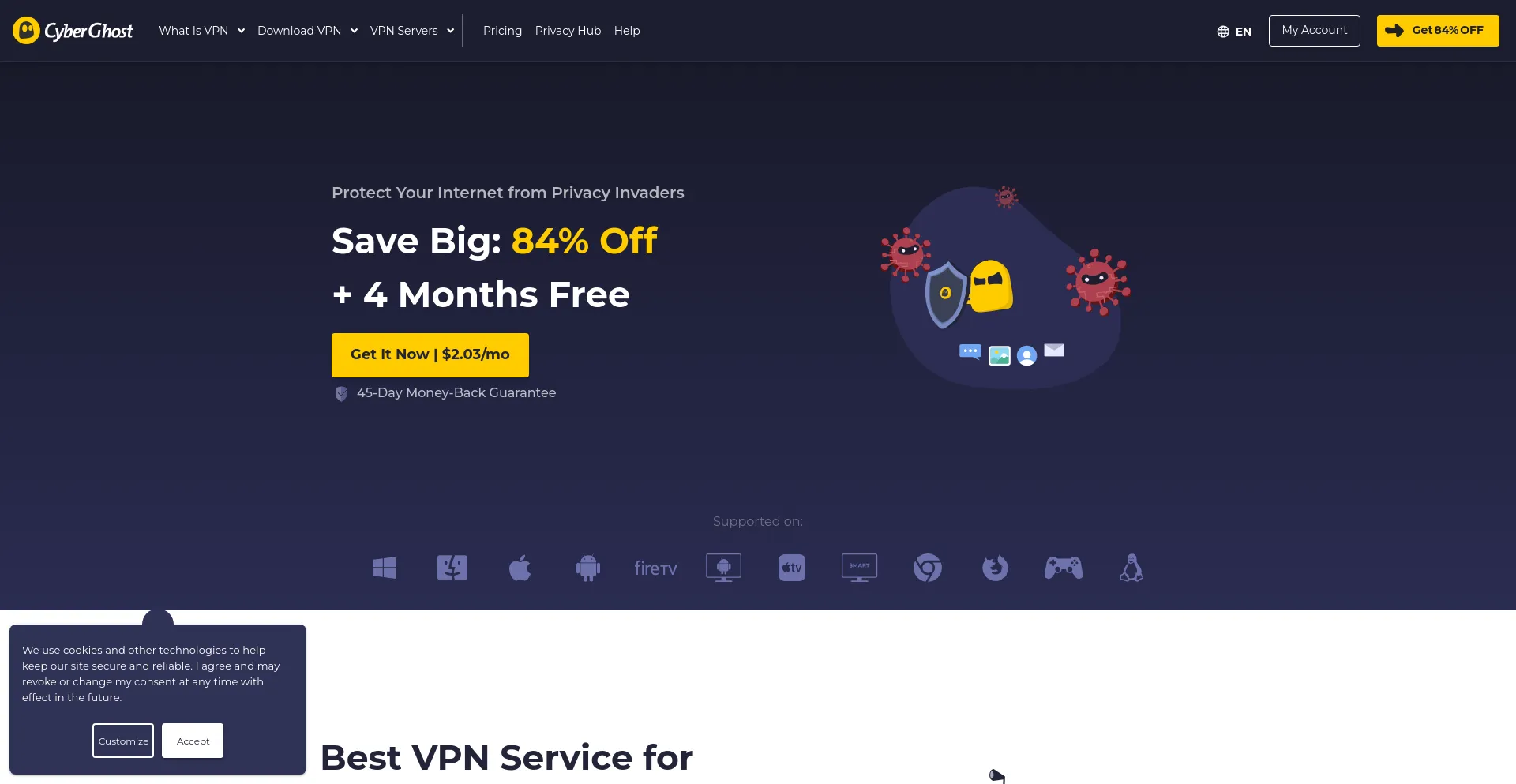 Screenshot of cyberghostvpn.com homepage