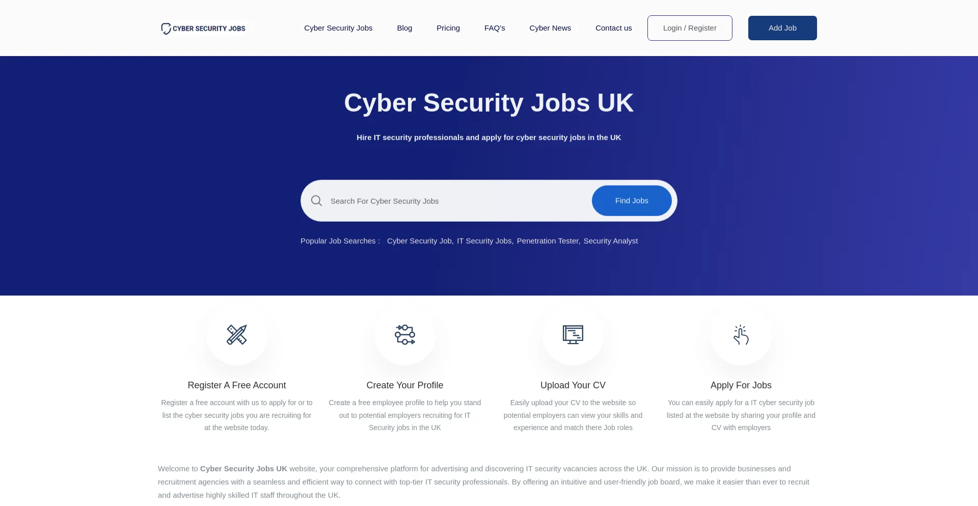 Screenshot of cybersecurityjobs.uk homepage