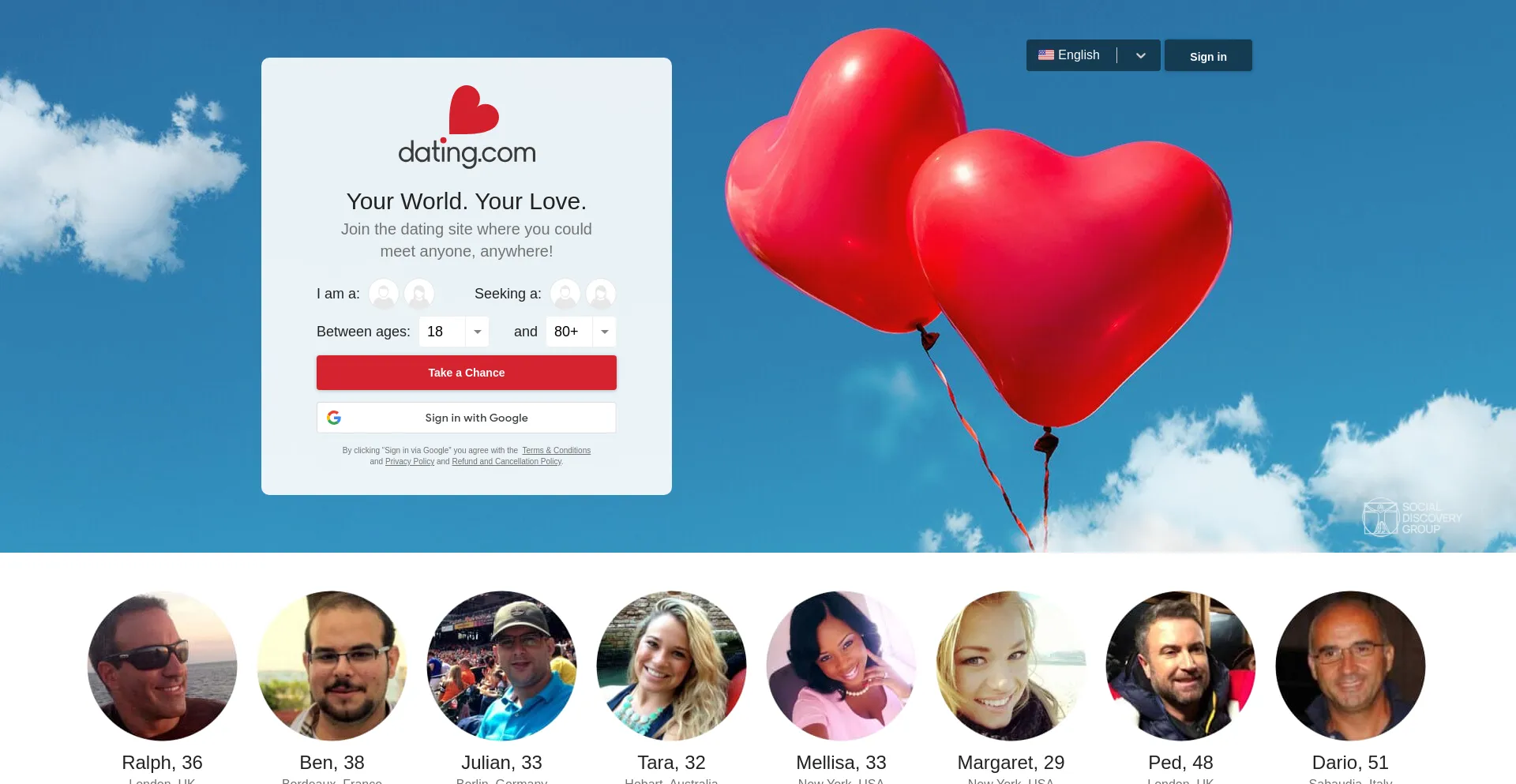 Screenshot of dating.com homepage
