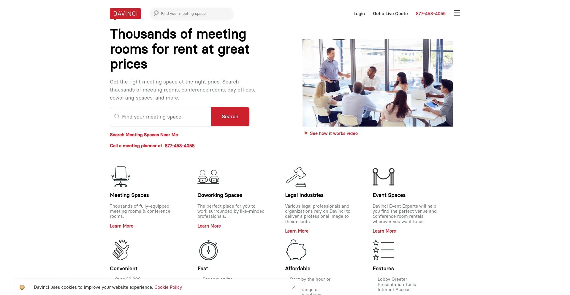 Screenshot of davincimeetingrooms.com homepage