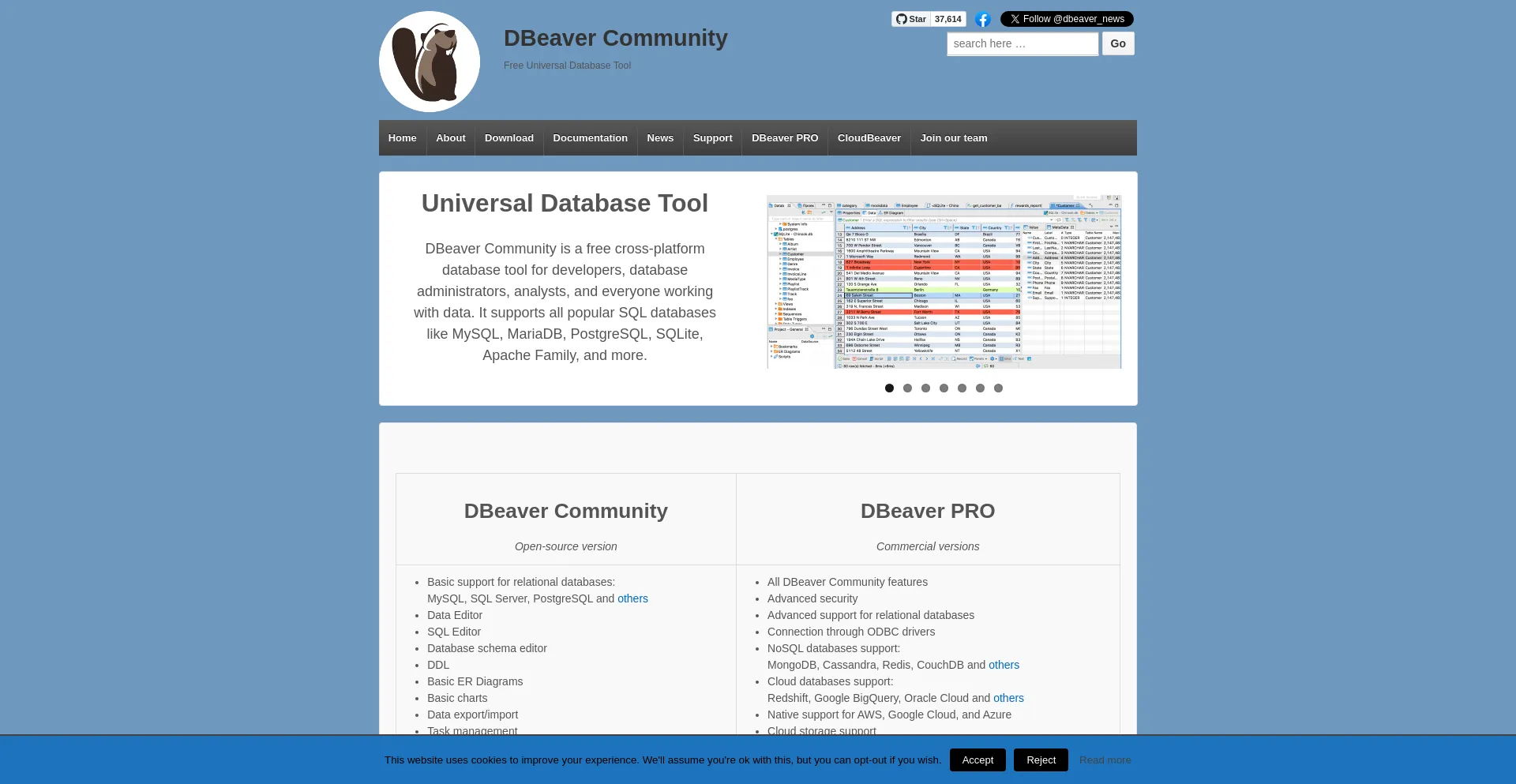 Screenshot of dbeaver.io homepage