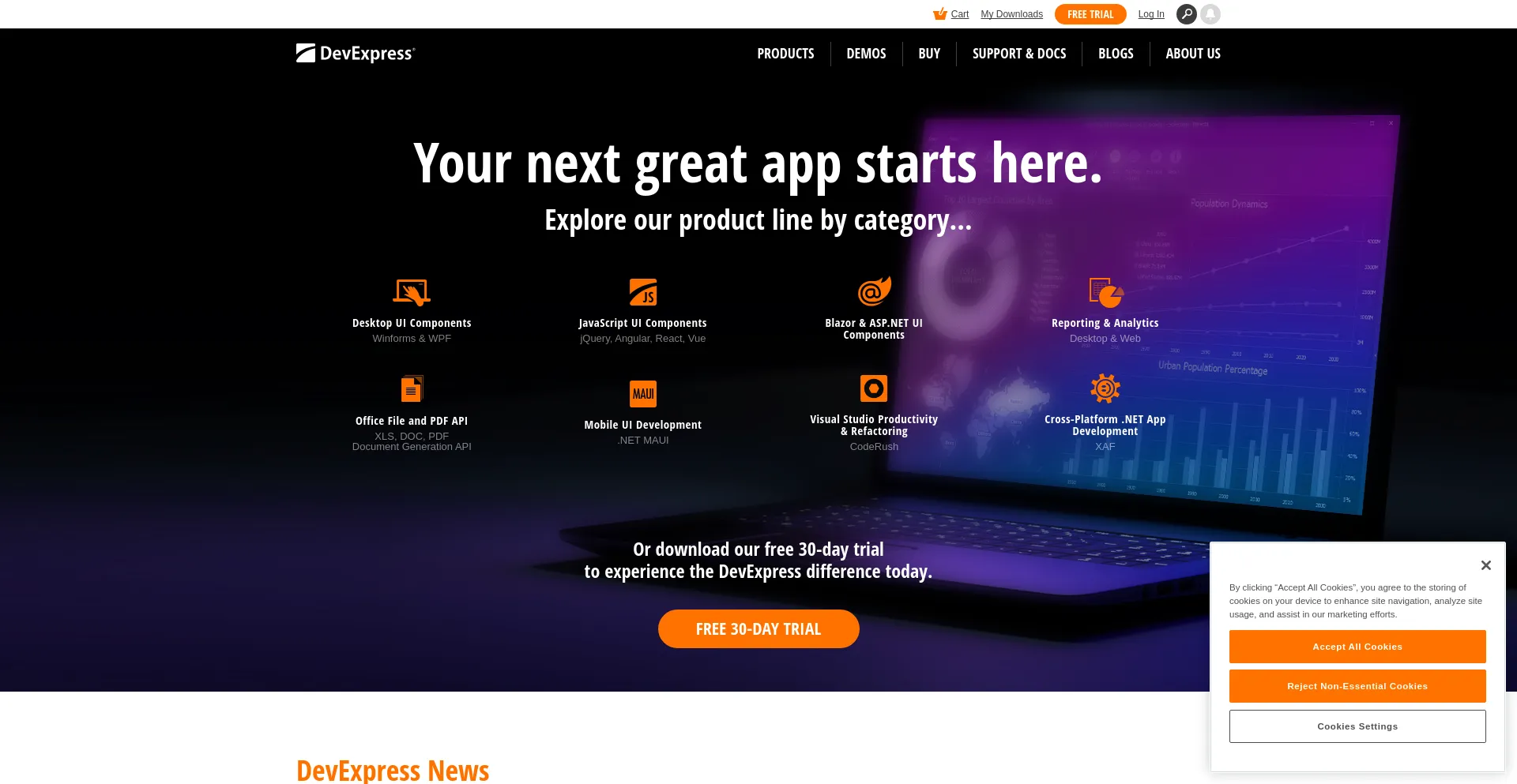 Screenshot of devexpress.com homepage