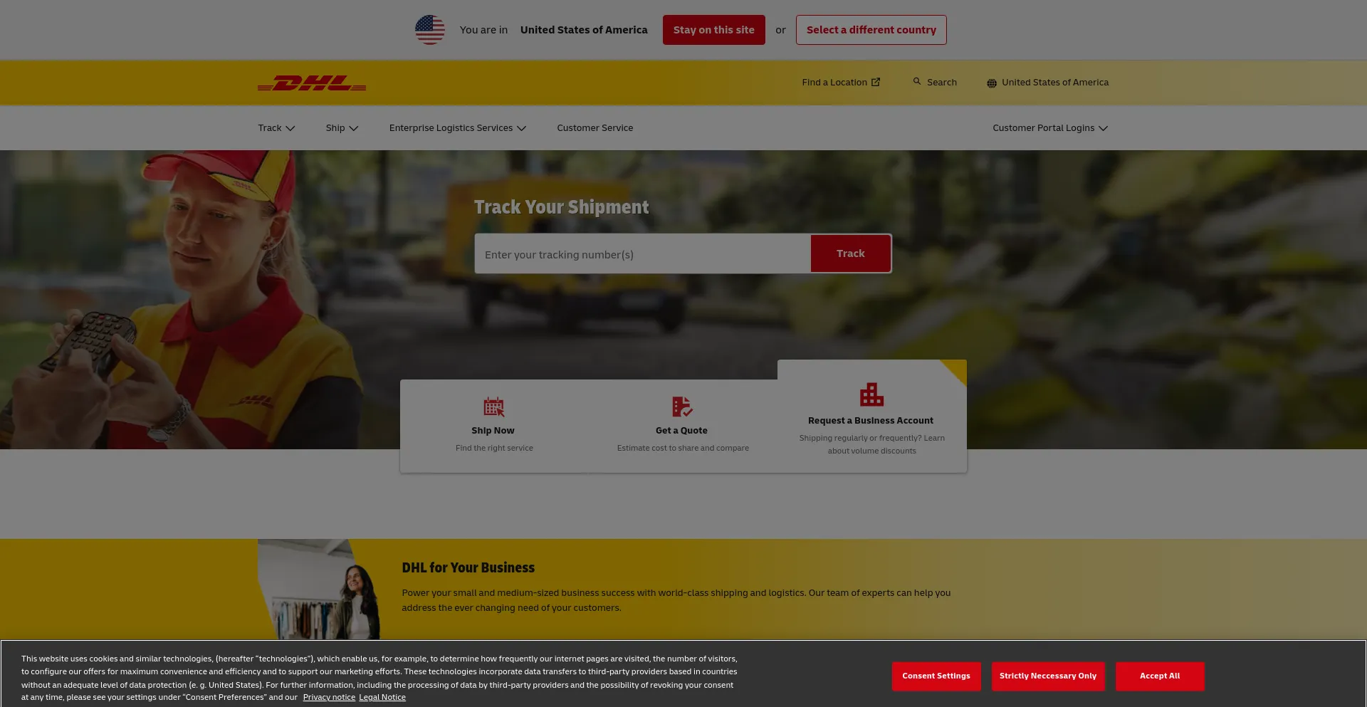 Screenshot of dhl.com homepage