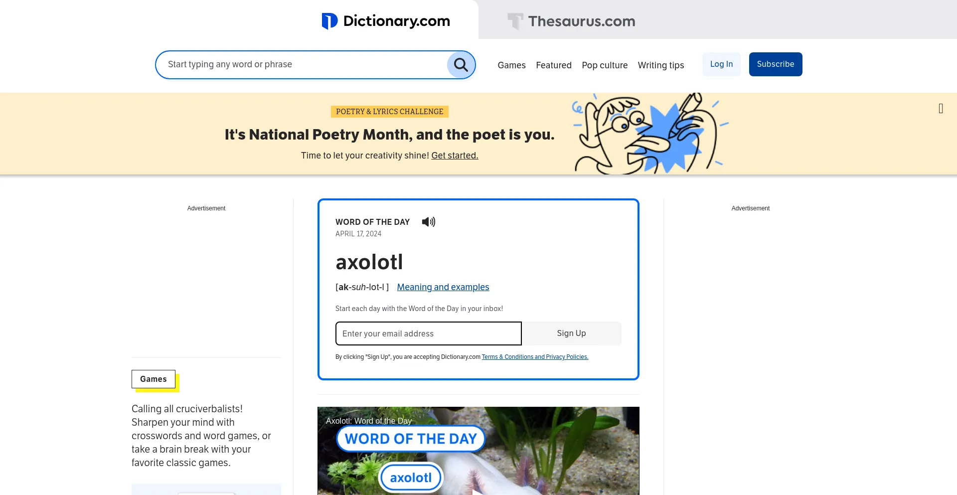 Screenshot of dictionary.com homepage