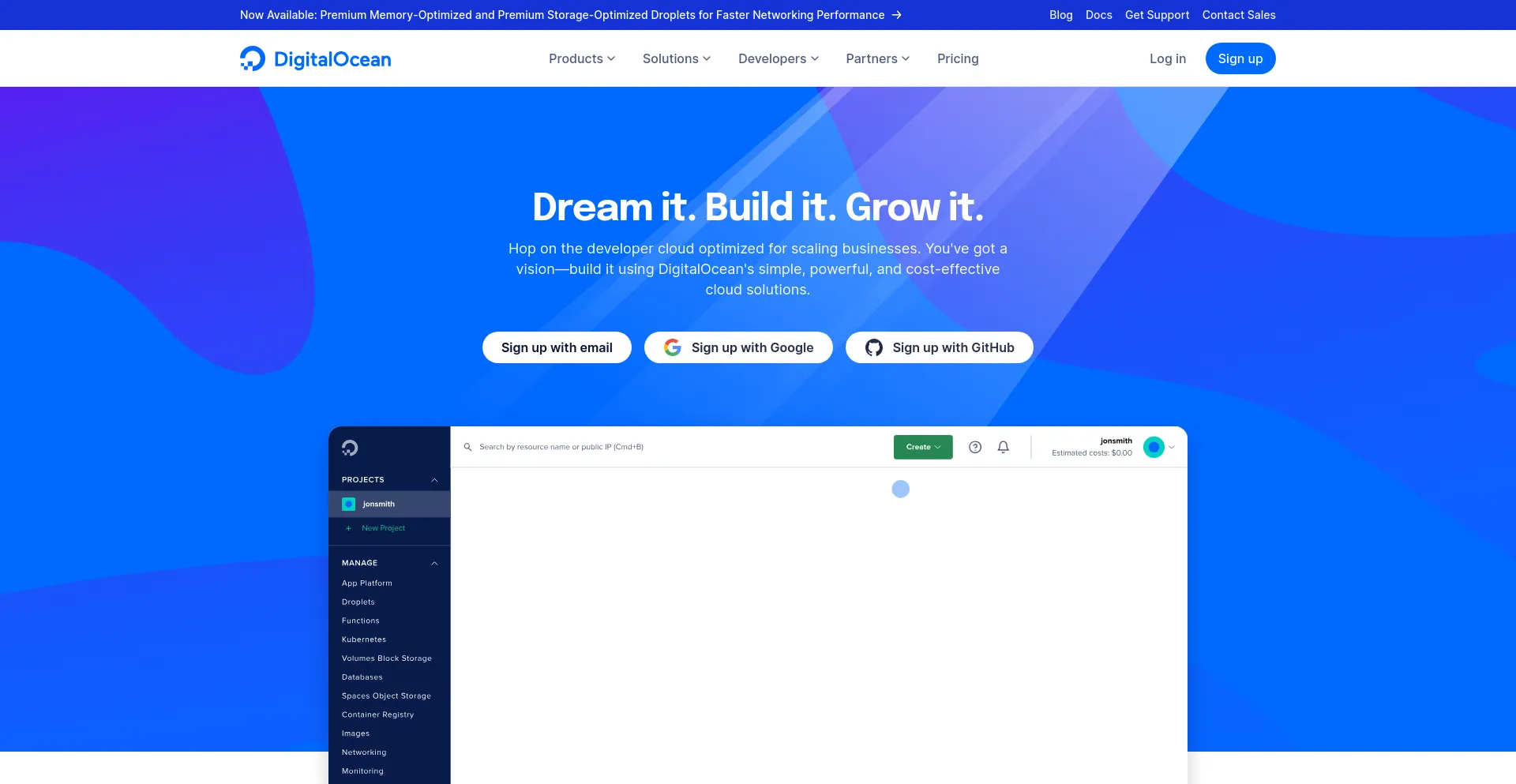 Screenshot of digitalocean.com homepage