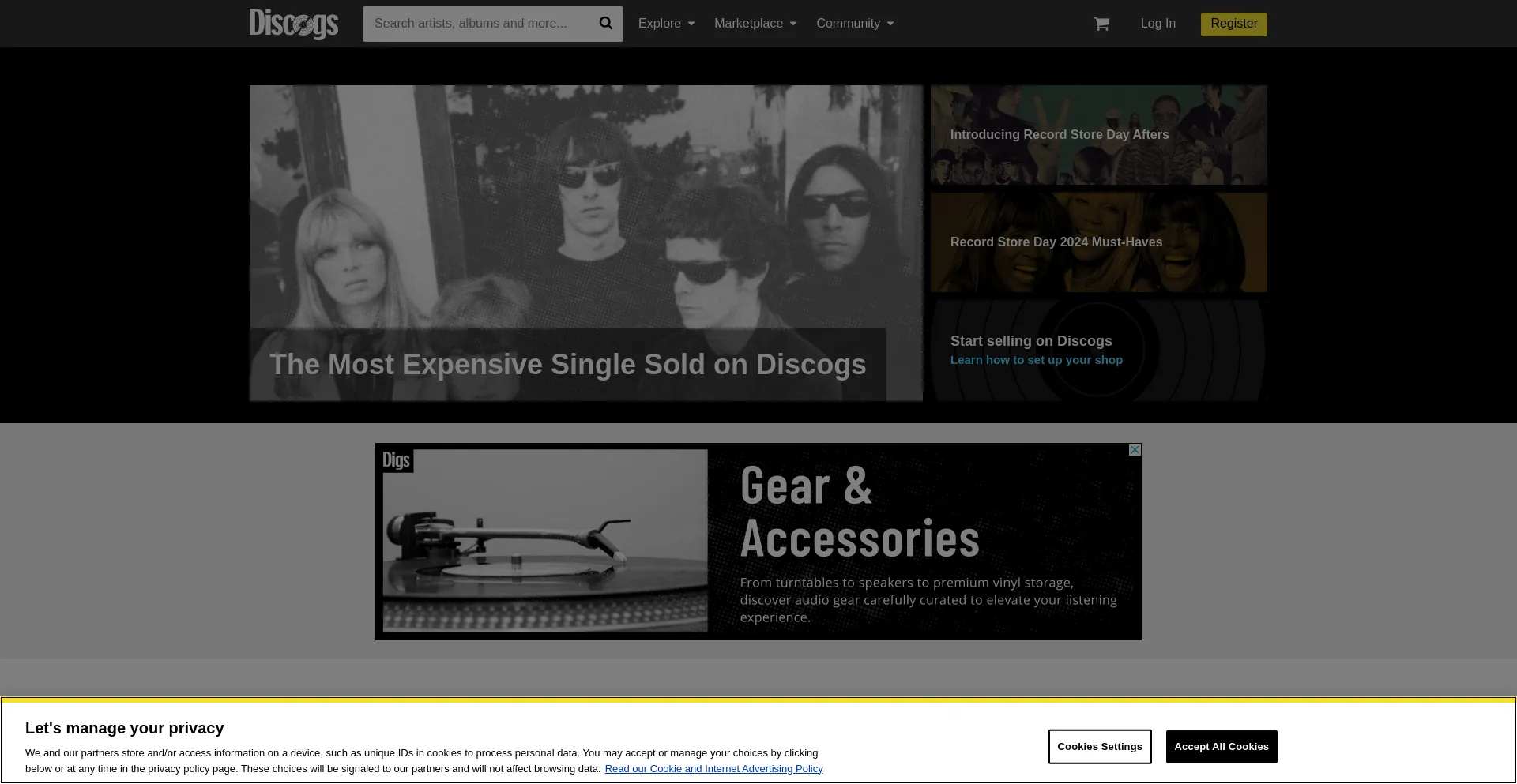 Screenshot of discogs.com homepage