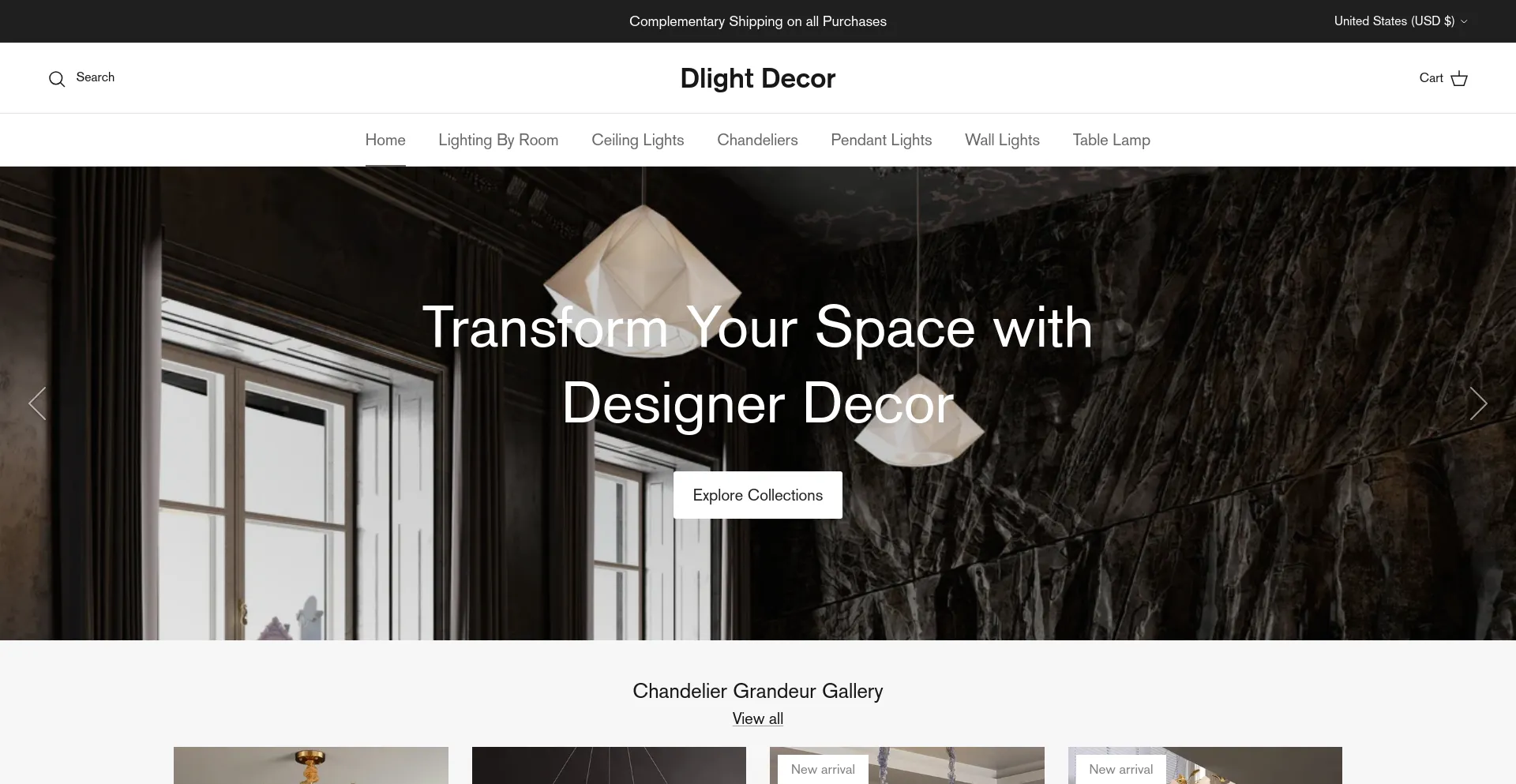 Screenshot of dlightdecor.com homepage