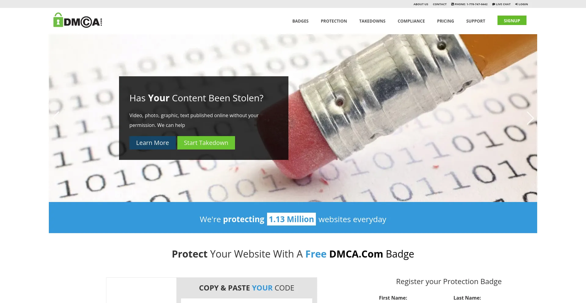 Screenshot of dmca.com homepage