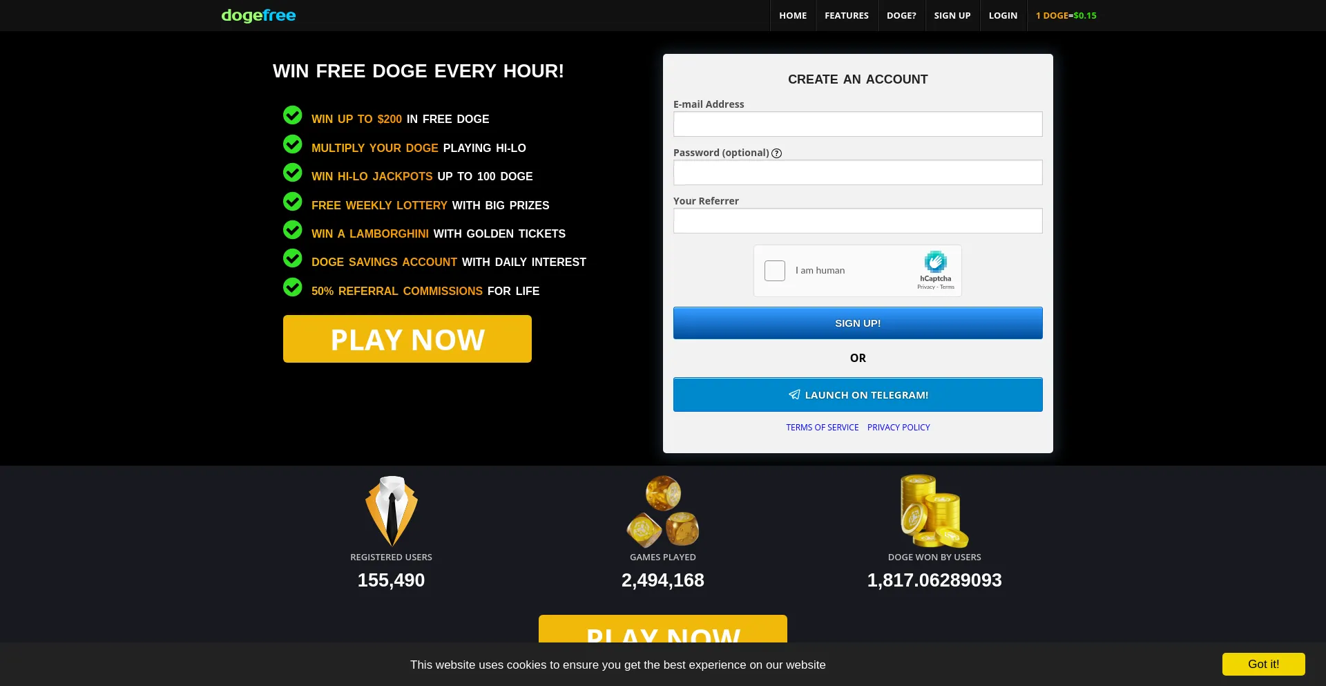 Screenshot of dogefree.in homepage