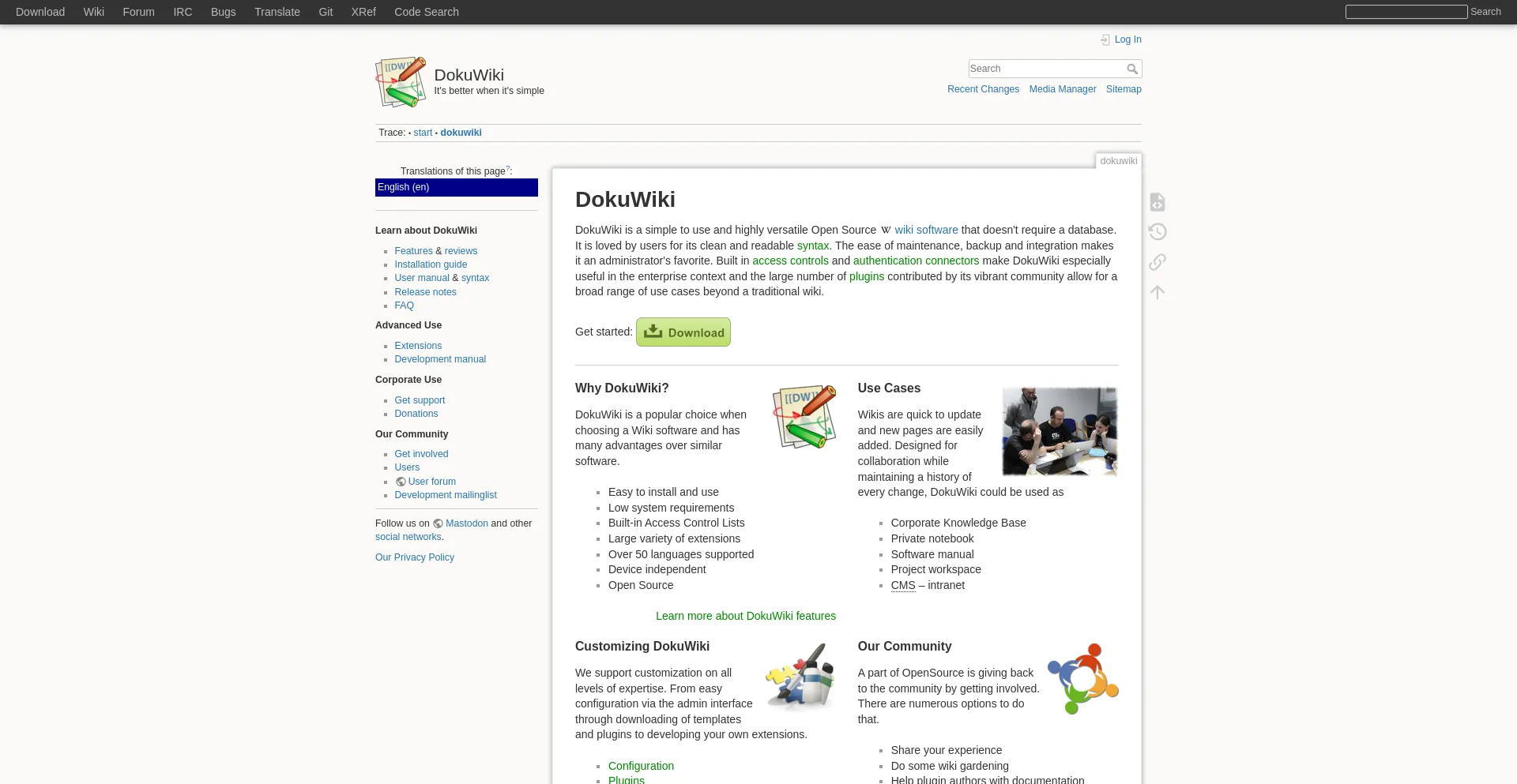 Screenshot of dokuwiki.org homepage