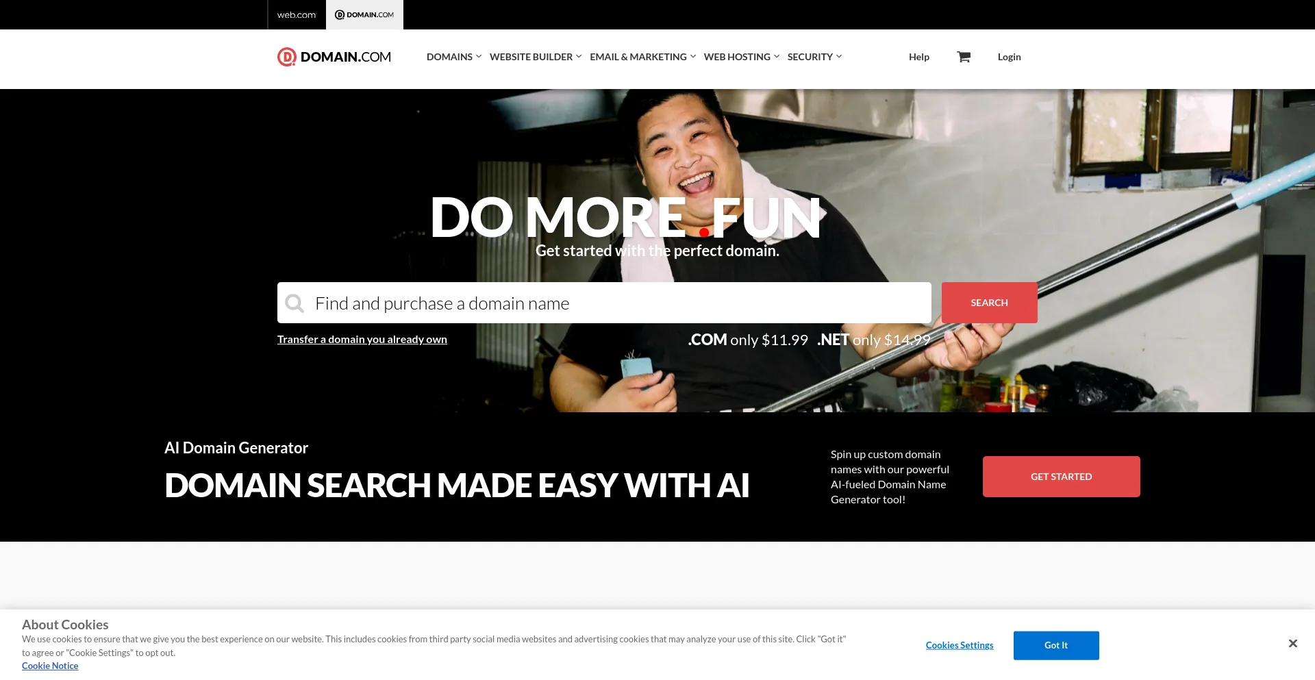 Screenshot of domain.com homepage