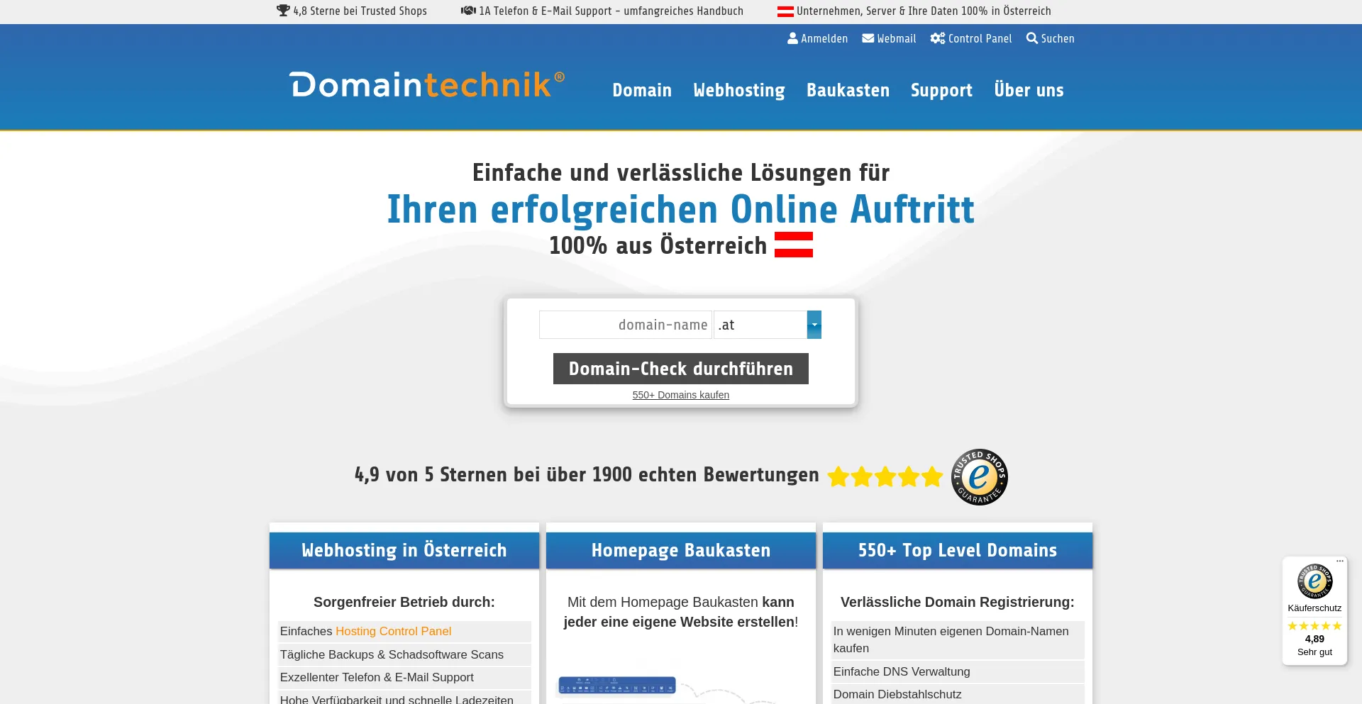 Screenshot of domaintechnik.at homepage