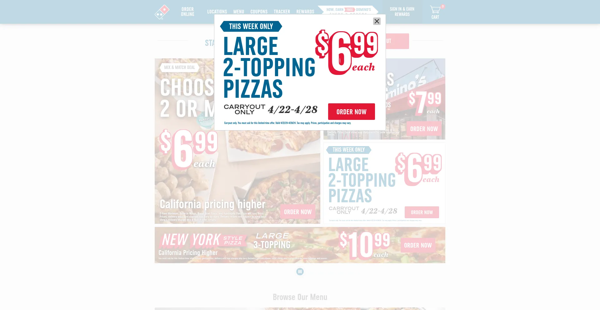 Screenshot of dominos.com homepage