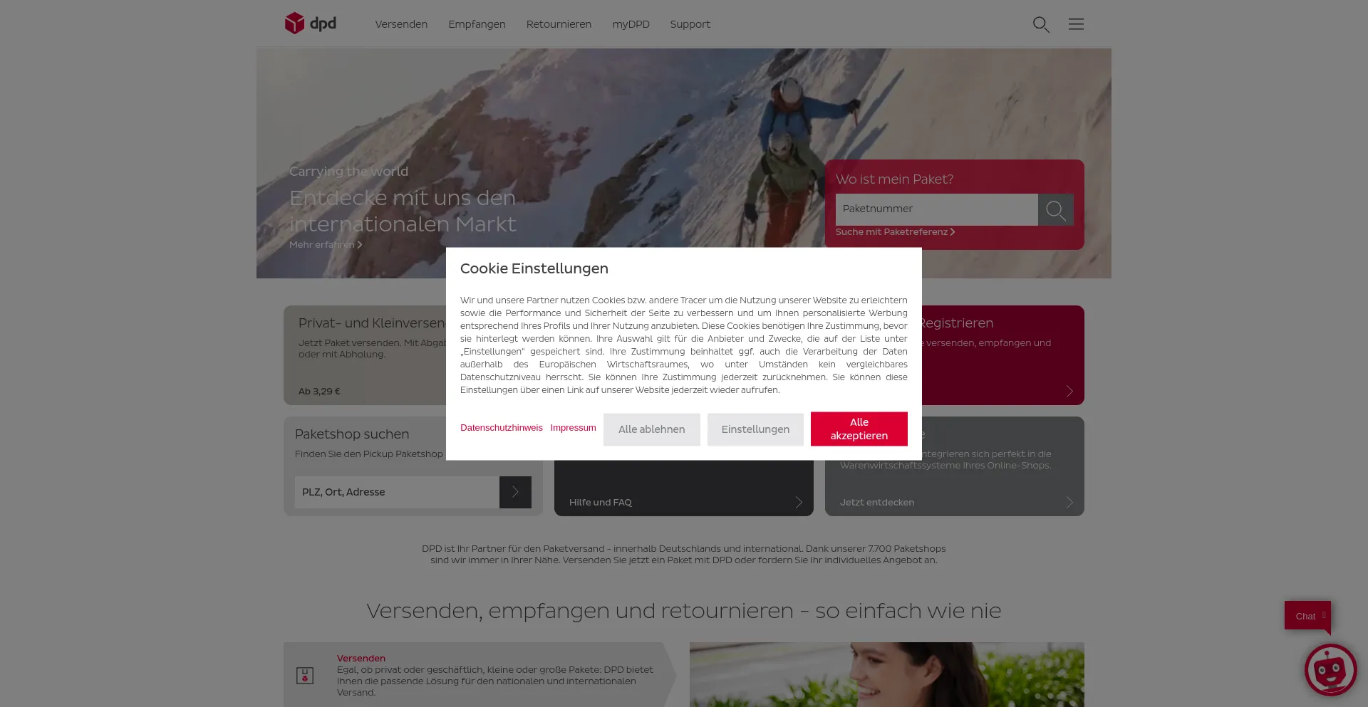 Screenshot of dpd.de homepage