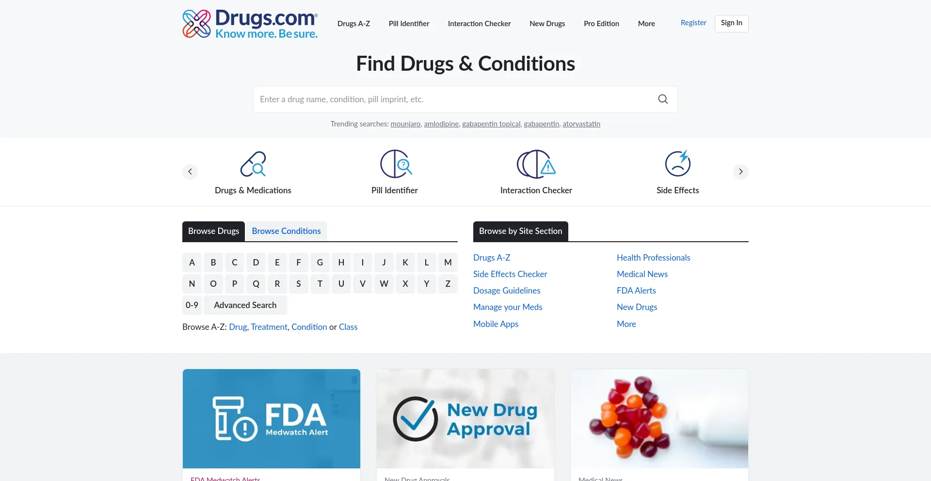 Screenshot of drugs.com homepage