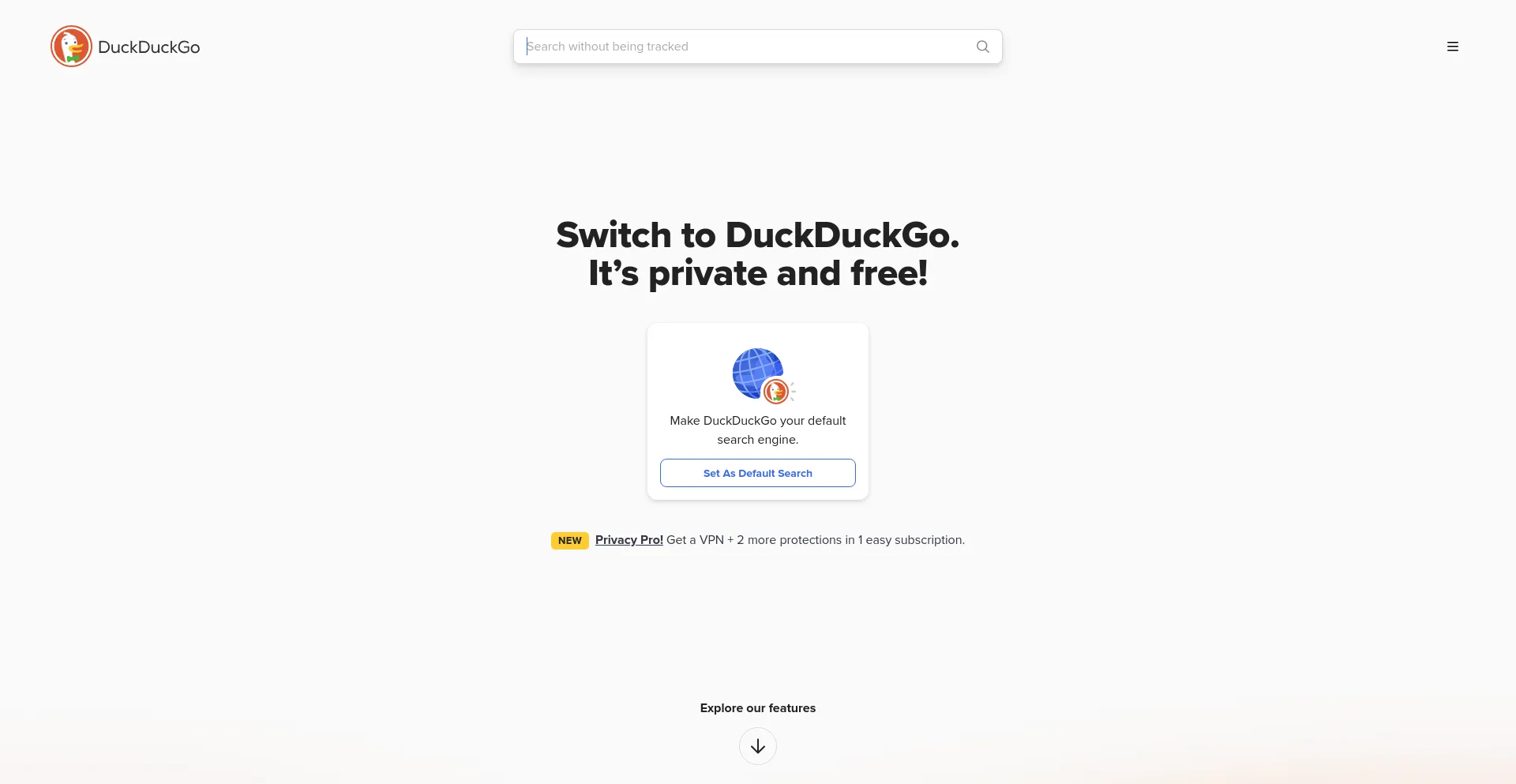 Screenshot of duckduckgo.com homepage
